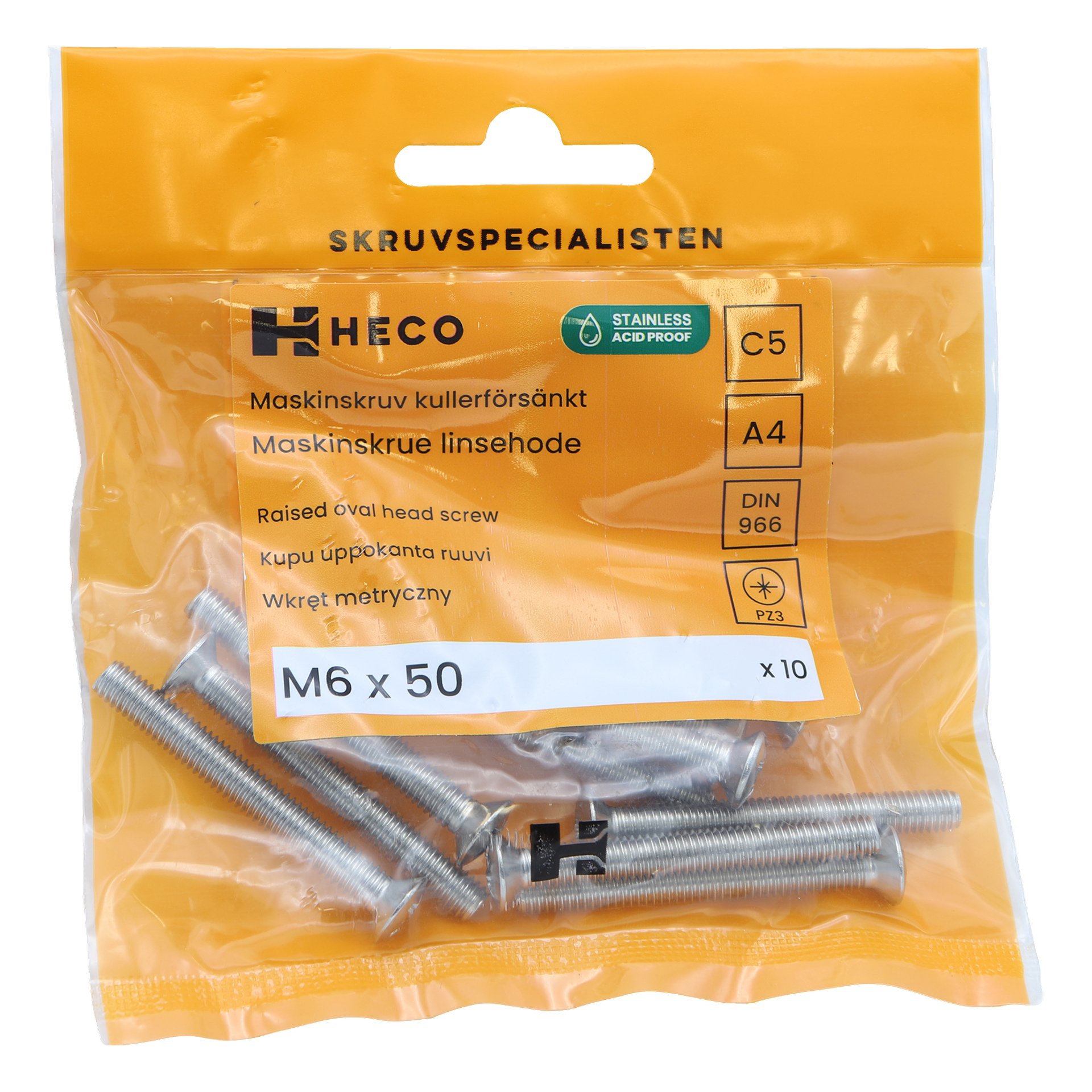 10 Heco-ruuvin paketti, M6 x 50 mm kohotetuilla ovaalipäillä, on läpinäkyvässä keltaisessa uudelleen suljettavassa muovipussissa, jossa on teksti ja erilaisia symboleja.