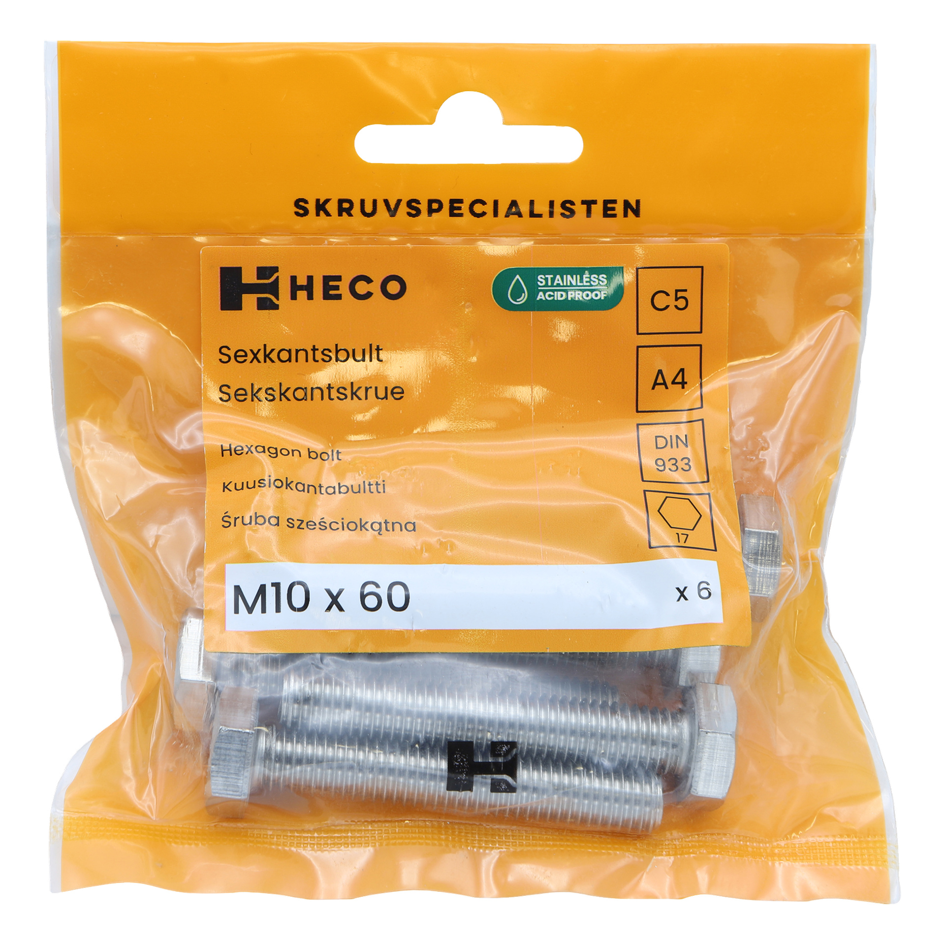 Kirkas muovinen ja oranssi HECO-laukku, jossa on "6", pitää kuusi ruostumattomasta teräksestä tehtyä kuusiokolopulttia (M10 x 60 mm). Pakkauksessa on tuotteen yksityiskohdat kuten "Stainless Acid Proof" ja "DIN 933.".