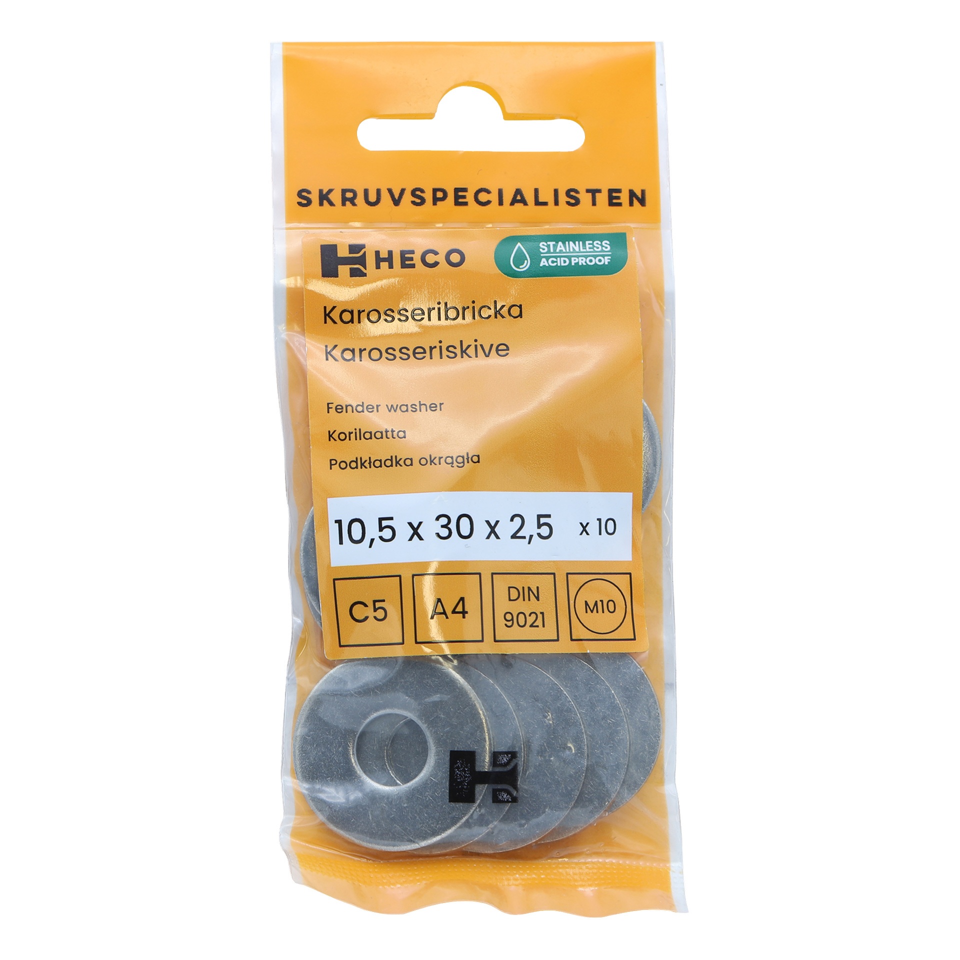 Heco-nimellä varustettu muovikotelo sisältää 10 ruostumattomasta teräksestä valmistettua lokasuojalevyä, kukin kooltaan 10,5 x 30 x 2,5 mm. Pakkauksessa on merkitty "10 pack" ja siinä on tekniset tiedot pesukoneista.