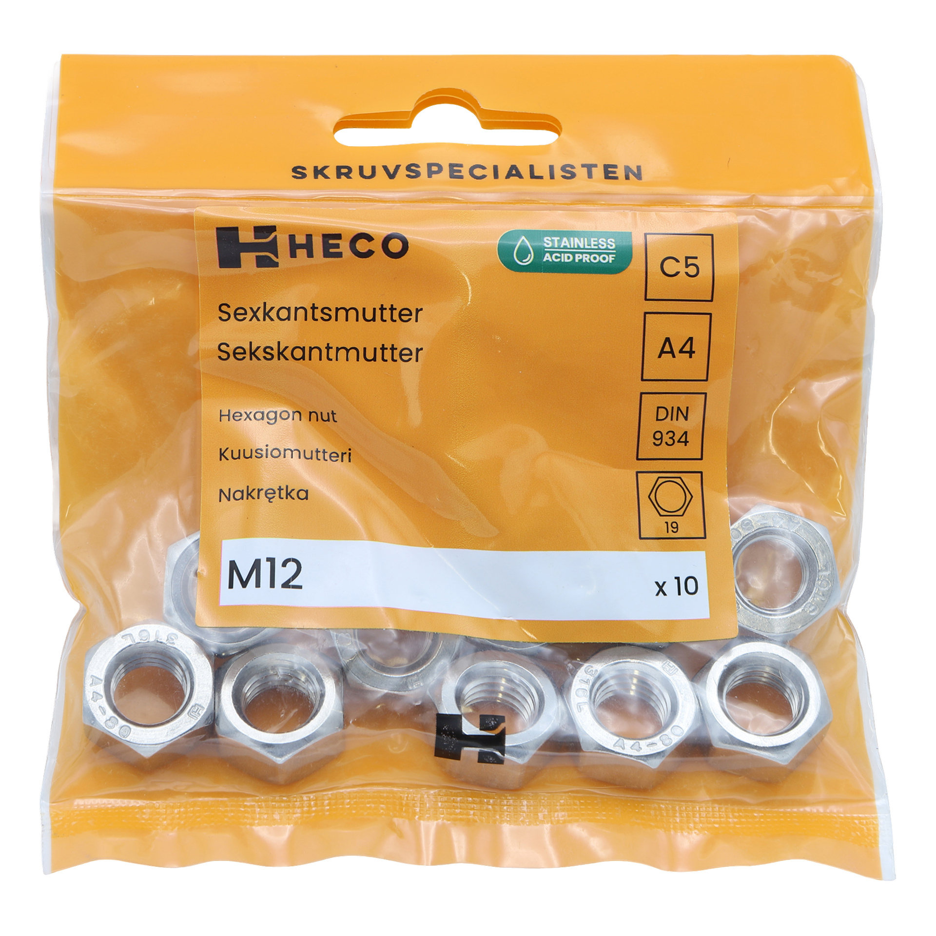 En forseglet oransje plastpose med 10 Heco rustfritt stål, syrebestandige M12 sekskantede muttere (DIN 934 standard), med en hengende åpning øverst og produktdetaljer synlige på emballasjen.