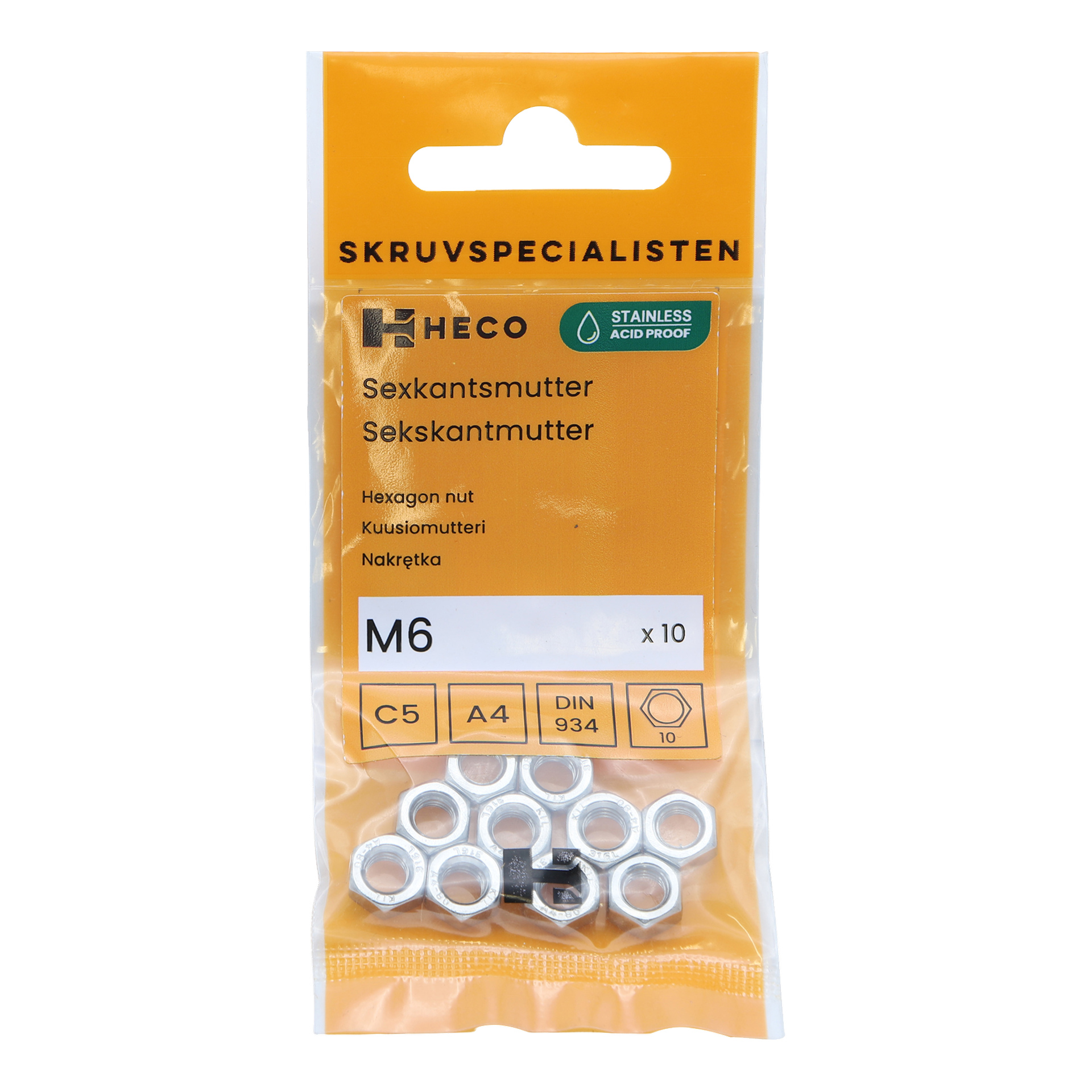 En 10-pakning med Heco M6 rustfrie stål-sekskantmuttere med ulike produktdetaljer og symboler vist på oransje bakgrunn.
