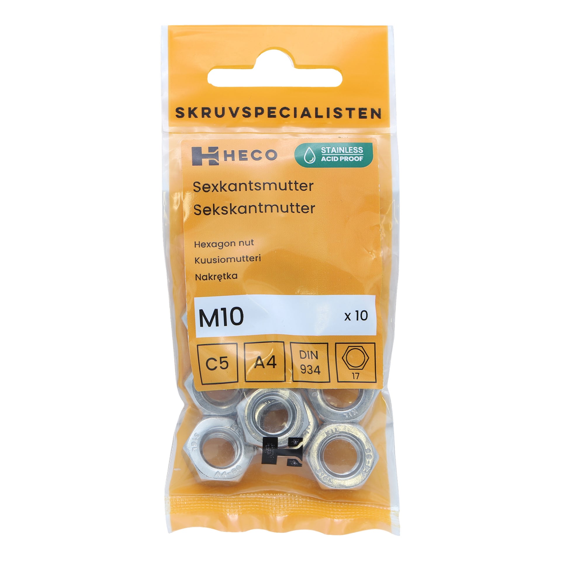 En klar orange plastpåse innehåller tio M10 hexmutter från Heco, som visar produktdetaljer, varumärkeslogotyper och symboler för rostfritt och syrafritt material. Förpackningen visar att det är ett 10-pack.