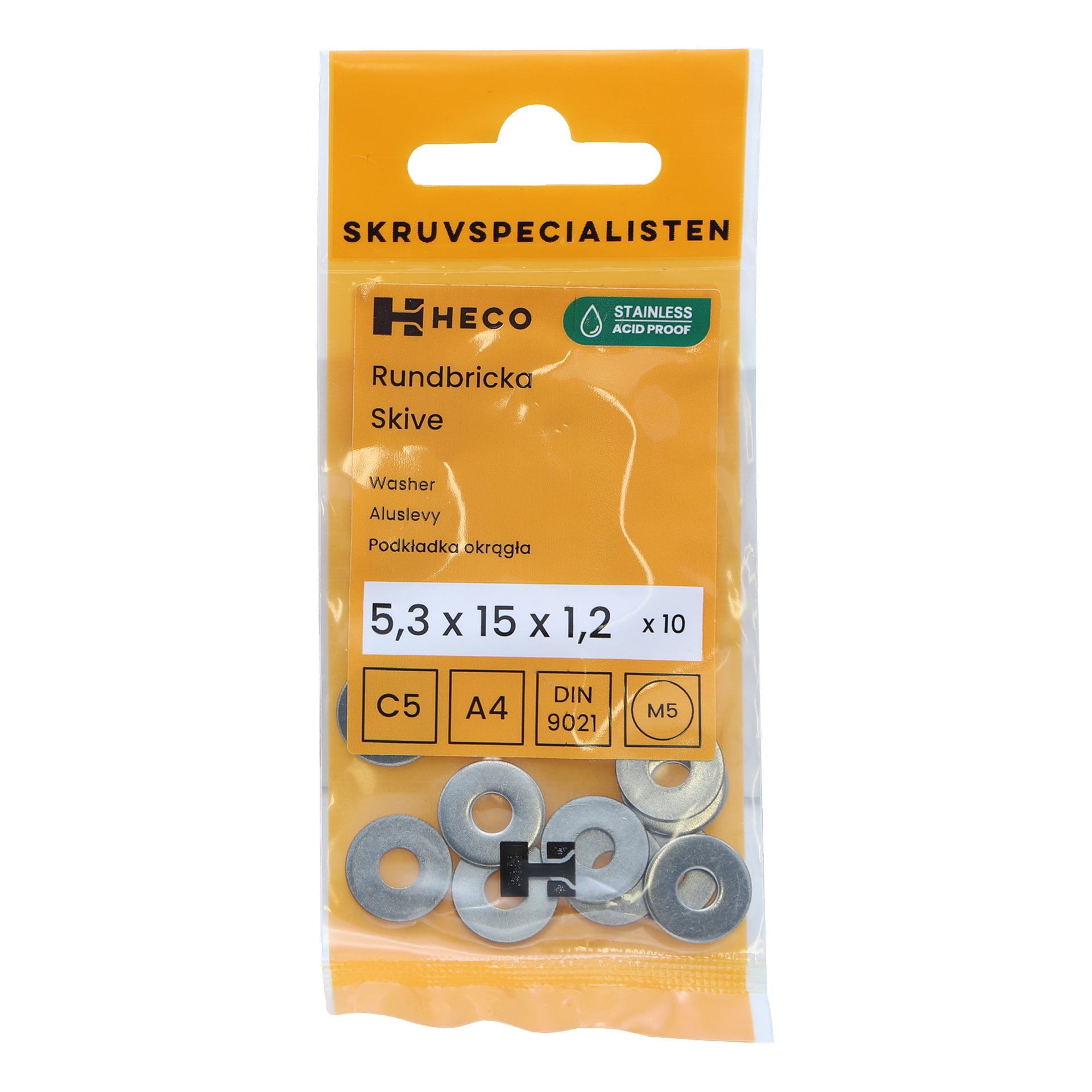 En gul pakke merket "Heco 10 pack" inneholder ti metallskiver, målt 5,3 x 15 x 1,2 mm, med produktdetaljer som rustfritt syre-proof og tilpasningskoder vist på emballasjen.