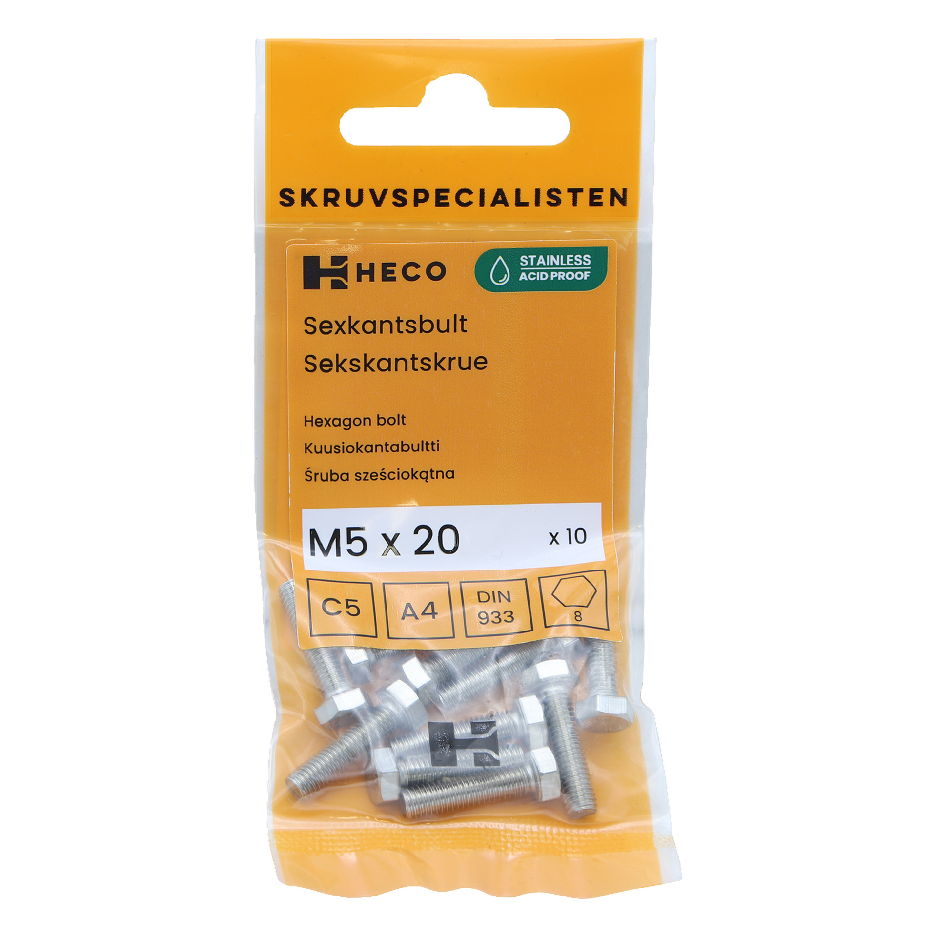 10-pakkauksen Heco-ruuveja (M5 x 20 mm) oranssissa ja kirkkaissa pakkauksissa paljastaa ruostumattomasta teräksestä olevat pultit, joiden etupuolella on erilaisia teknisiä tietoja.