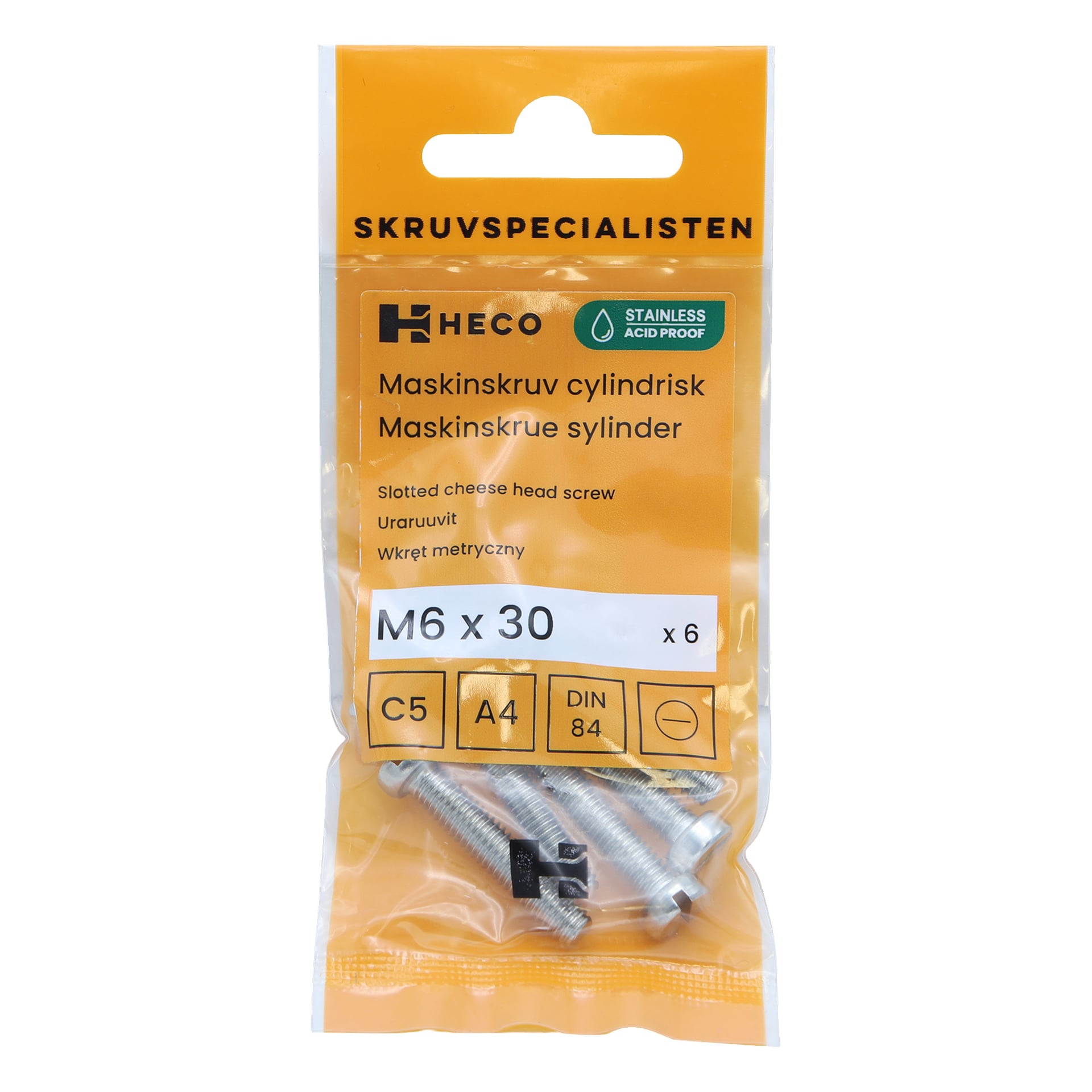 Ett sexpack med Heco rostfria stålskruvar med osthuvud, M6 x 30 mm, synligt inuti en genomskinlig plastpåse med orange detaljer och produktinformation.