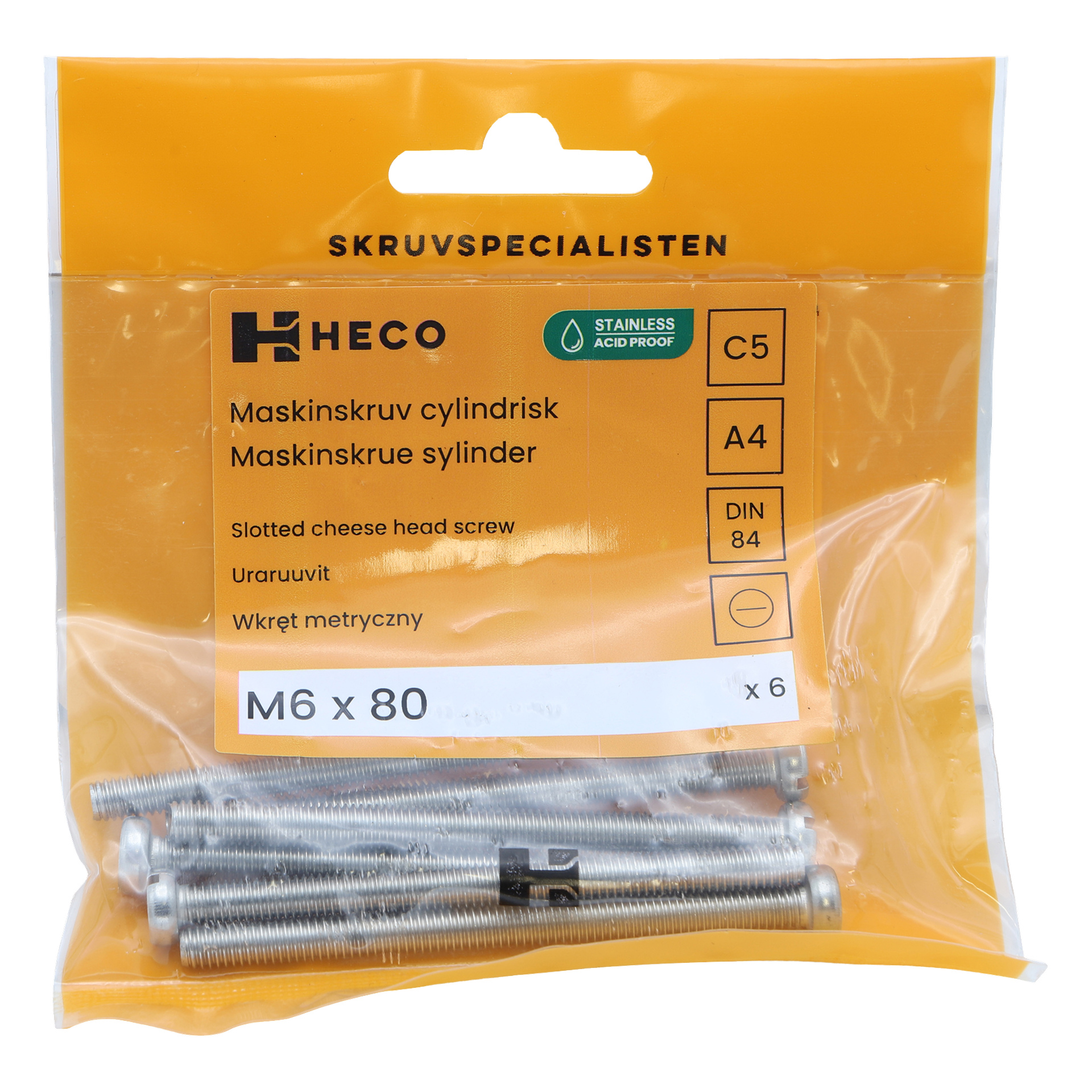 Läpinäkyvä muovipussi sisältää kuusi Heco M6 x 80 -urallista juustopääruuvia, jotka on merkitty 6-pakkaukseksi. Oranssi etiketti ylhäällä näyttää Heco-brändin ja tuotetiedot.
