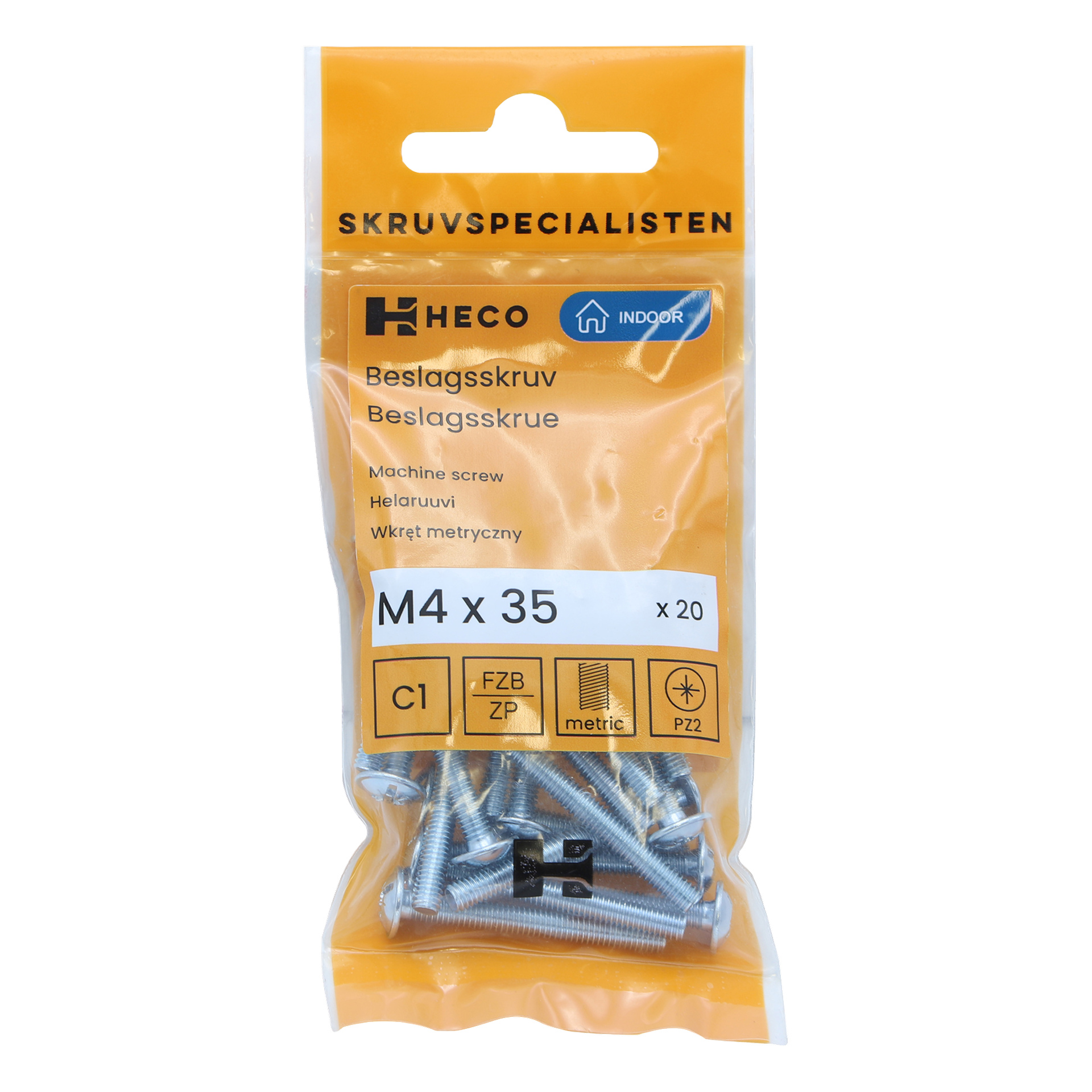 Heco-kiinnitysruuvipakkaus (20 kappaletta, M4 x 35 mm) on sisällä kirkkaassa ja oranssissa muovipussissa, joka on merkitty sisäkäyttöön ja jossa näkyy tuotteen tekniset tiedot ja brändäys.