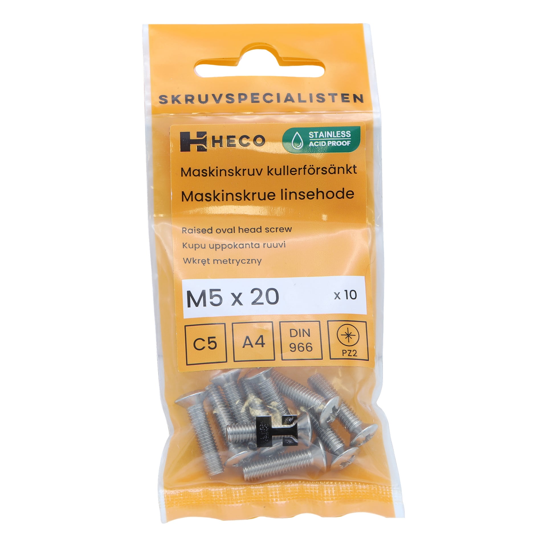 Ett 10-pack Heco-skruvar med rostfria, syraresistenta M5 x 20 mm upphöjda ovala skruvar. Förpackningen rymmer tio skruvar och har detaljerad teknisk information på framsidan.