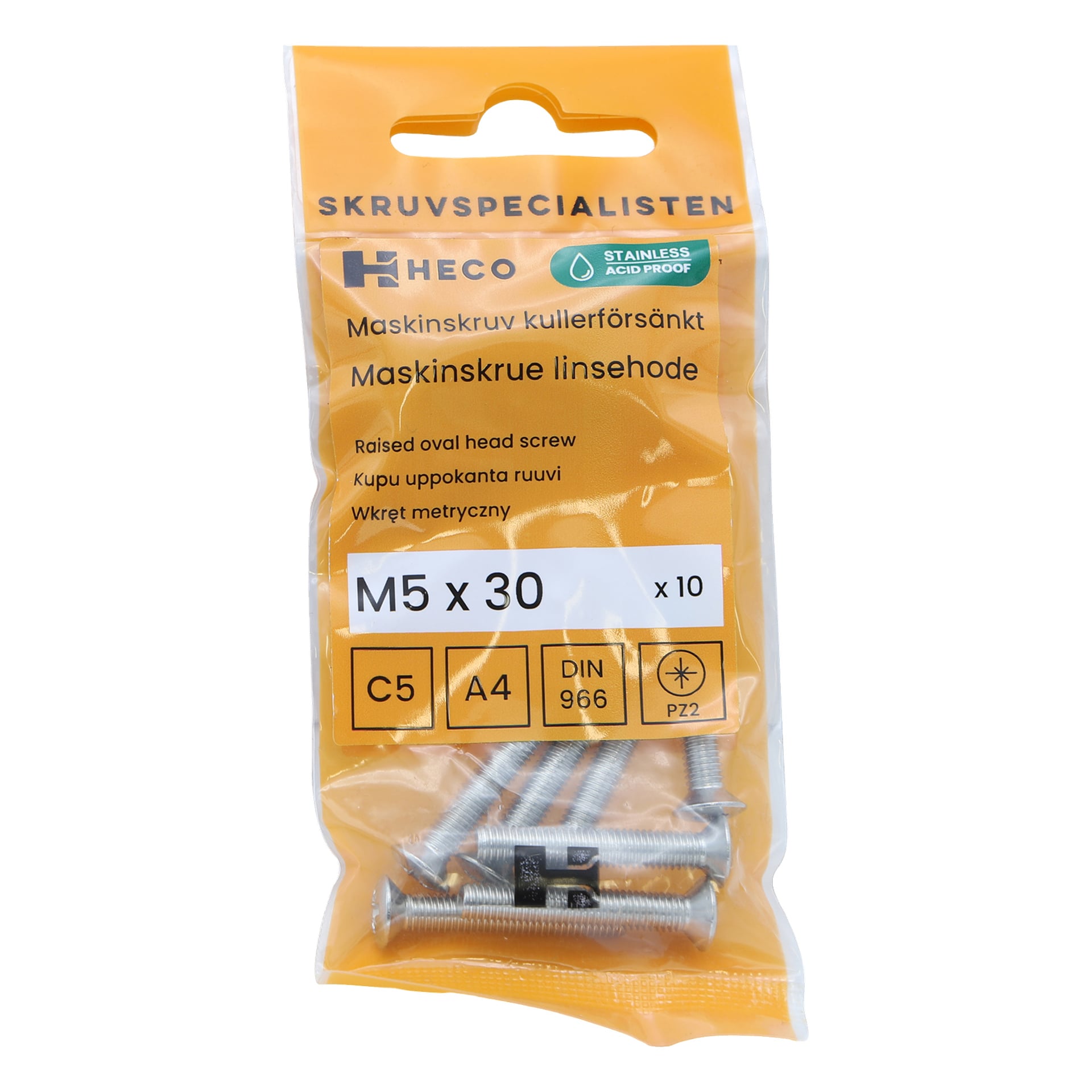 En genomskinlig plastpåse märkt Heco rymmer ett "Screws 10-pack", där varje skruv är M5 x 30 mm och har ett upphöjt ovalt huvud. Förpackningen innehåller produktinformation och flera certifieringssymboler, och fyra skruvar kan ses placerade längst ner i påsen.