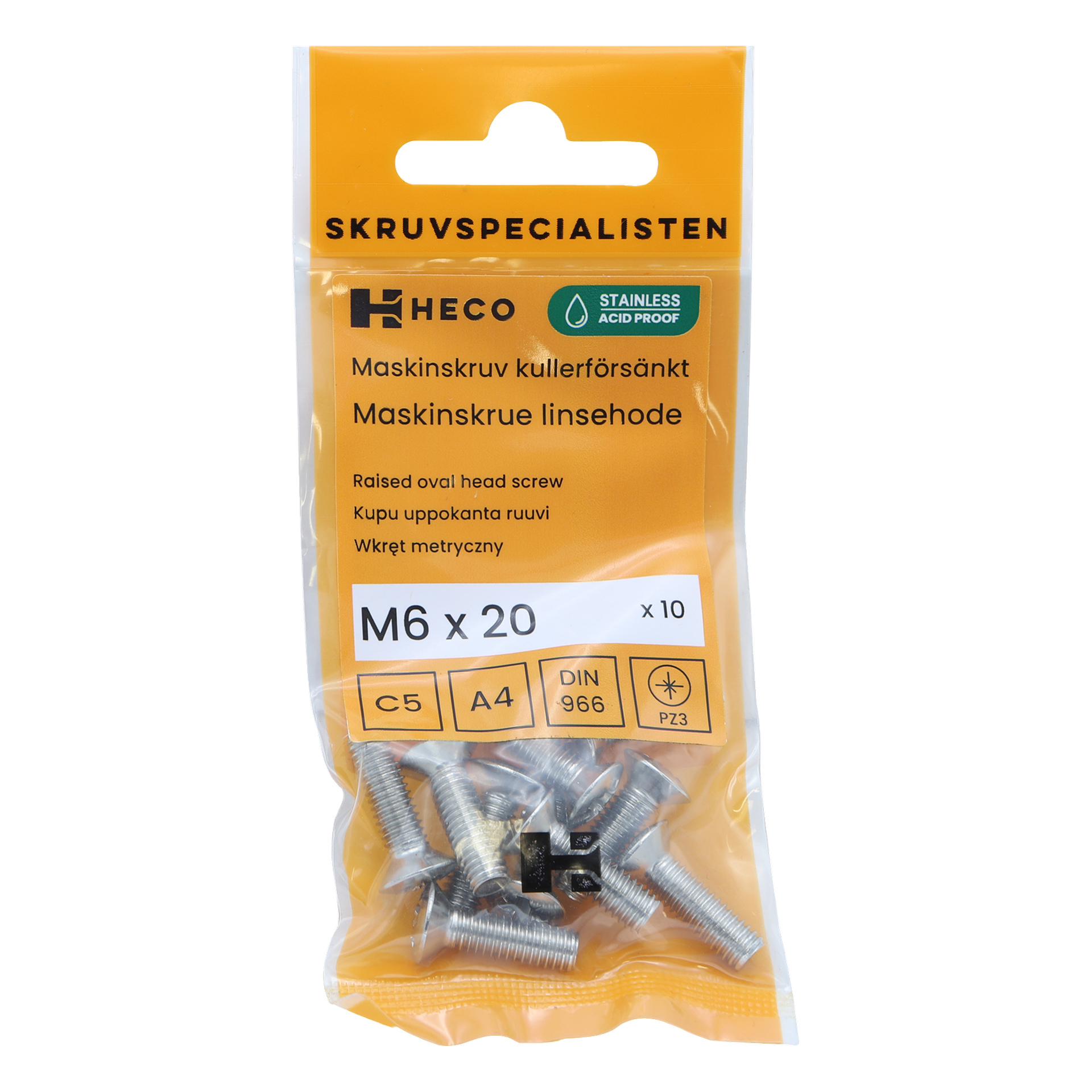 En gjennomsiktig pakke med Heco Screws 10-pakning rommer 10 rustfritt, syrebestandige M6 x 20 mm forhøyede ovale skruer. Emballasjen er aksentert med oransje og grønne farger, og har symboler sammen med ulike tekster.