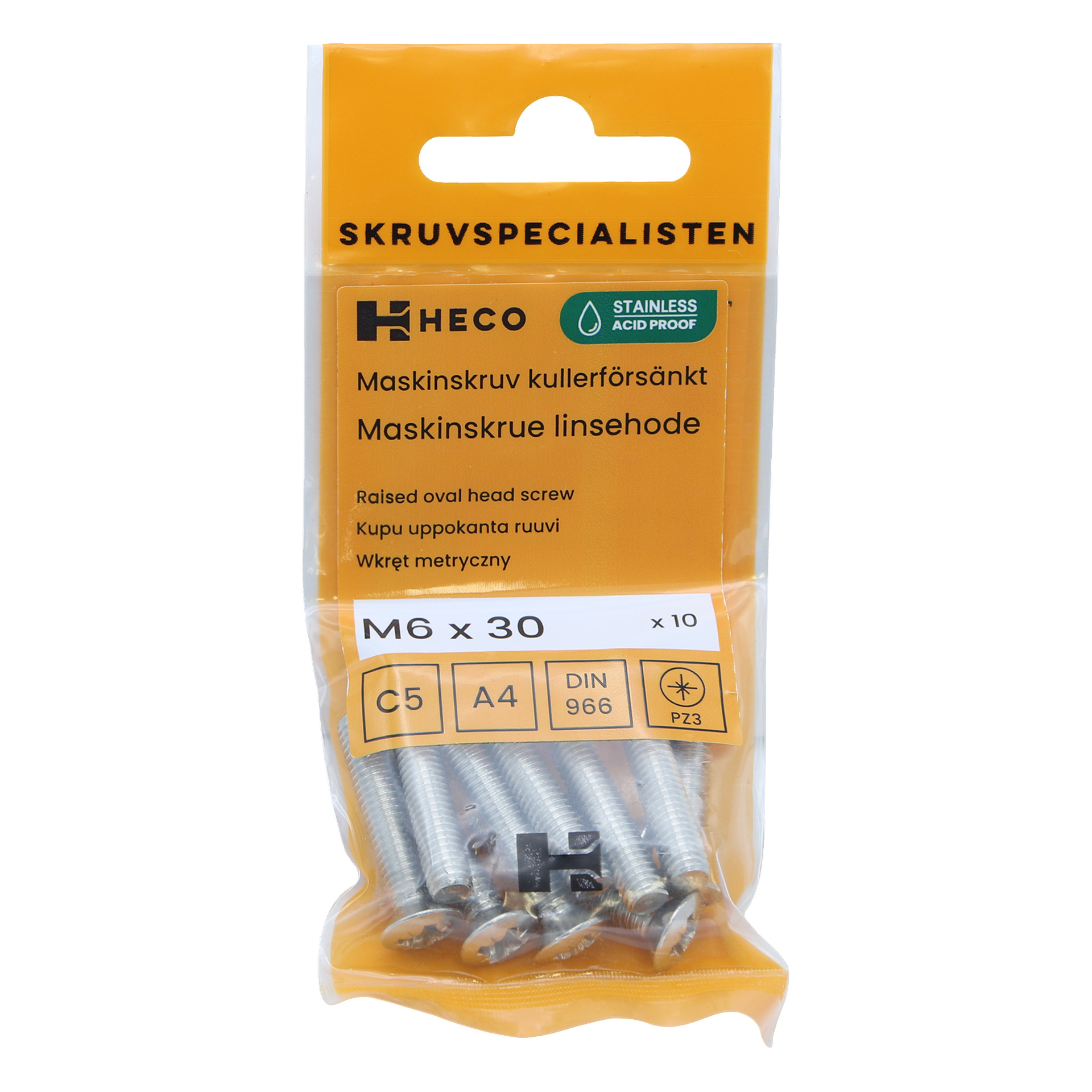 En 10-pakning med Heco-skruer med hevede ovale hoder i rustfritt stål, merket M6 x 30 mm, vist i oransje emballasje med svart og hvit tekst. Flere skruer kan sees gjennom fronten av pakken.