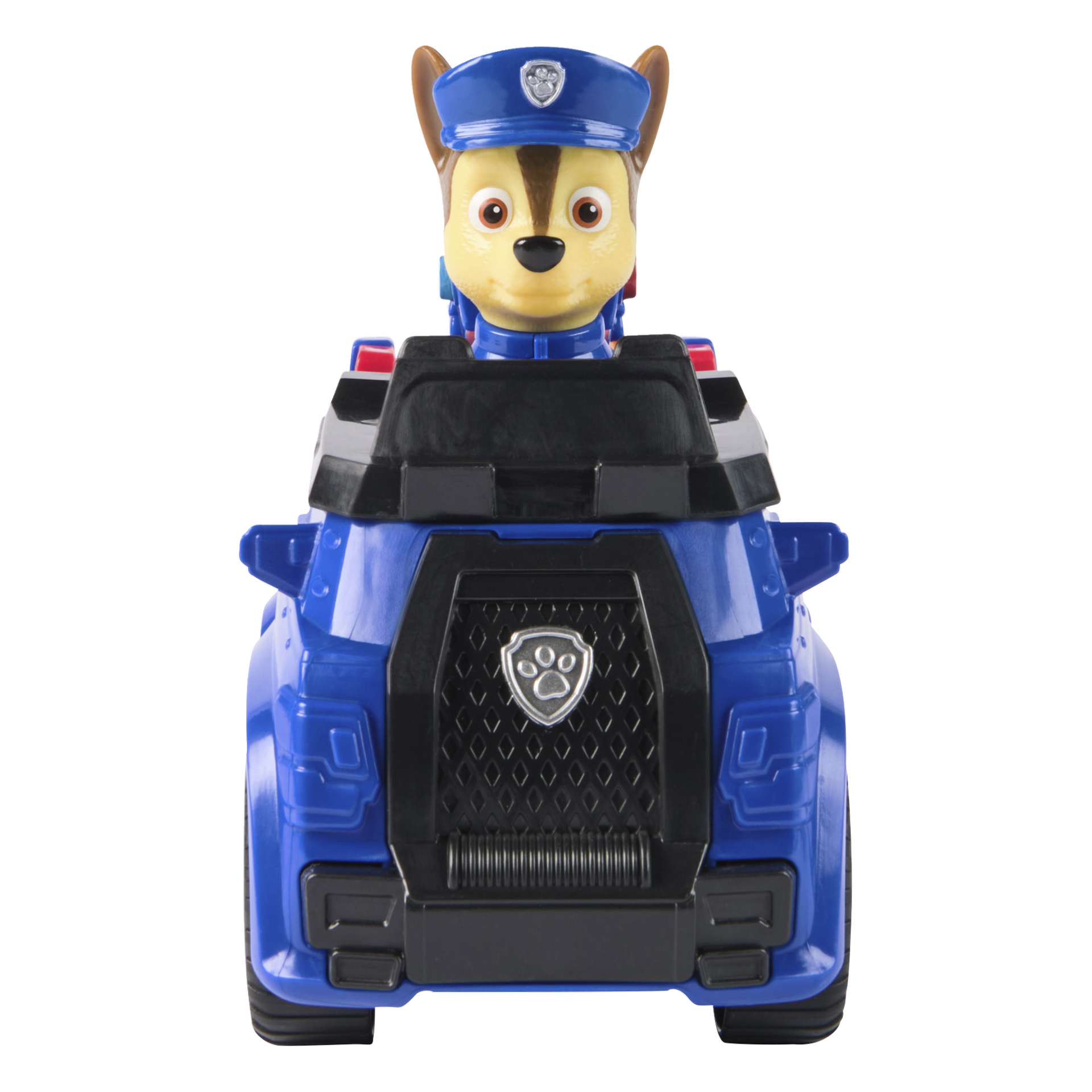 Paw Patrolin leikkiauto, jossa poliisikoira Chase, pukeutuneena siniseen hattuun ja univormuun, istuu sinisessä poliisiautossa, jonka edessä on tassunjälkimerkki.