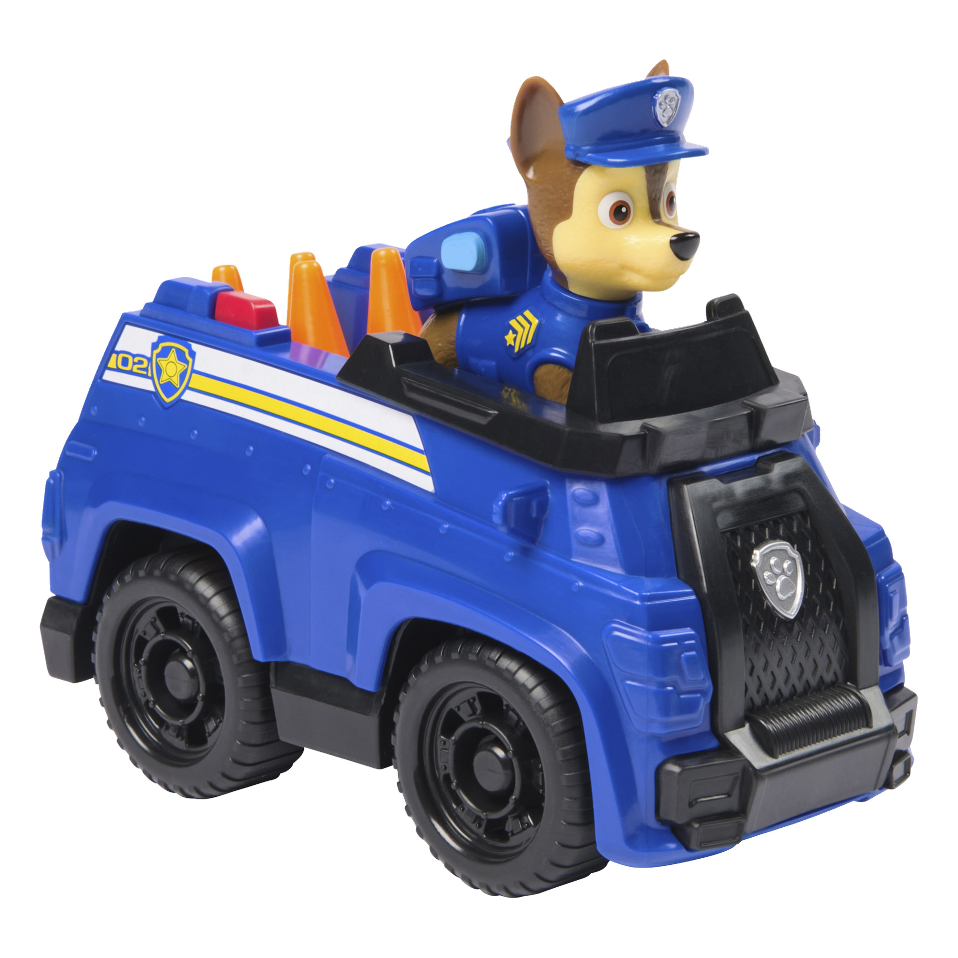 Paw Patrolin leluauto, jossa Chase, ruskea koira poliisihatussa ja univormussa, istuu kuljettajan paikalla. Sinisessä autossa on mustat vanteet, valkoiset ja keltaiset raidat sivuilla sekä etuosassa tunnusmerkki.