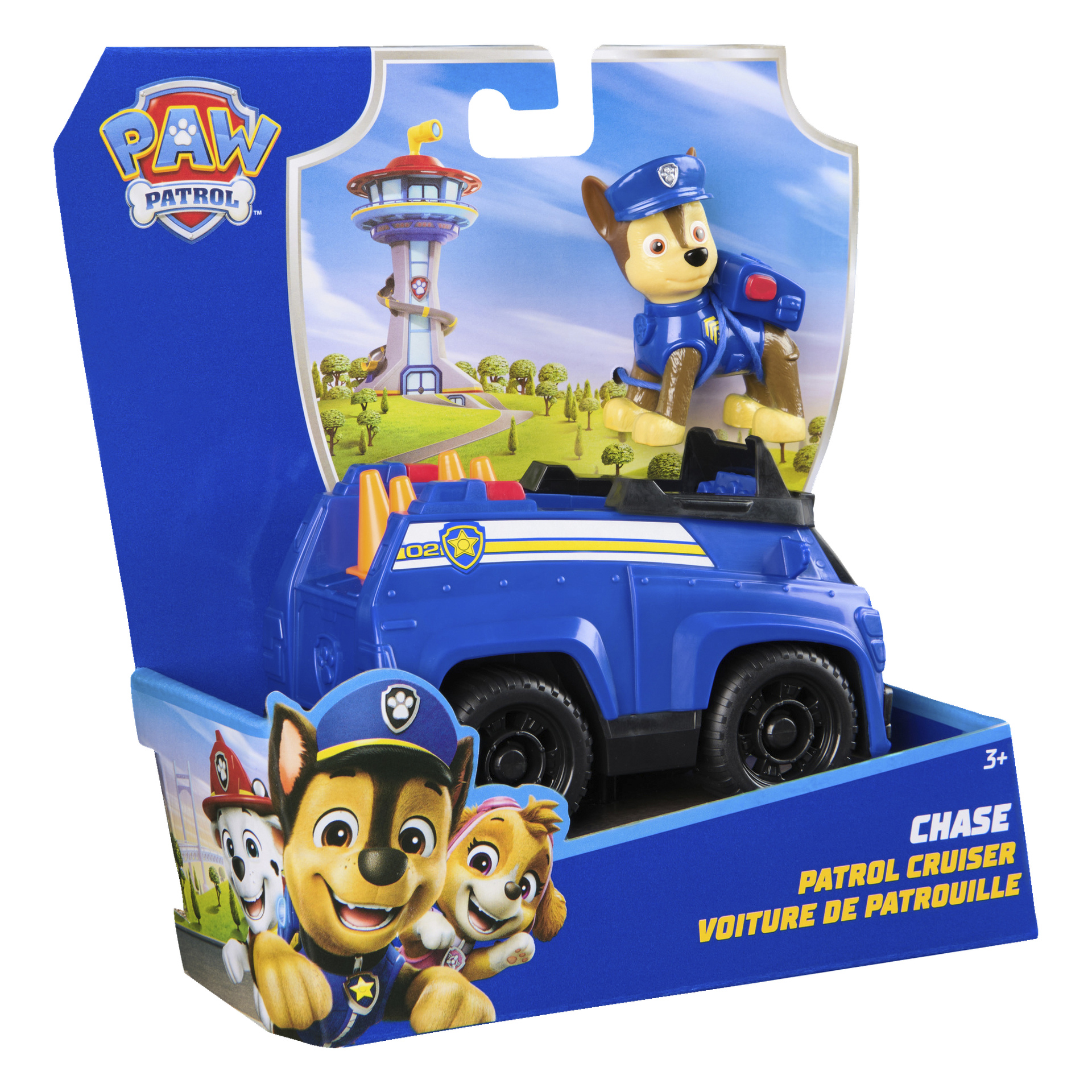 Paw Patrol Chase -leluauto on pakattu siniseen ja siinä on poliisiteemainen ajoneuvo, jonka sisällä on Chase-figuuri. Laatikossa on PAW Patrolin logo, tähystorni ja kuvia muista sarjan hahmoista. Suositellaan yli 3-vuotiaille lapsille.