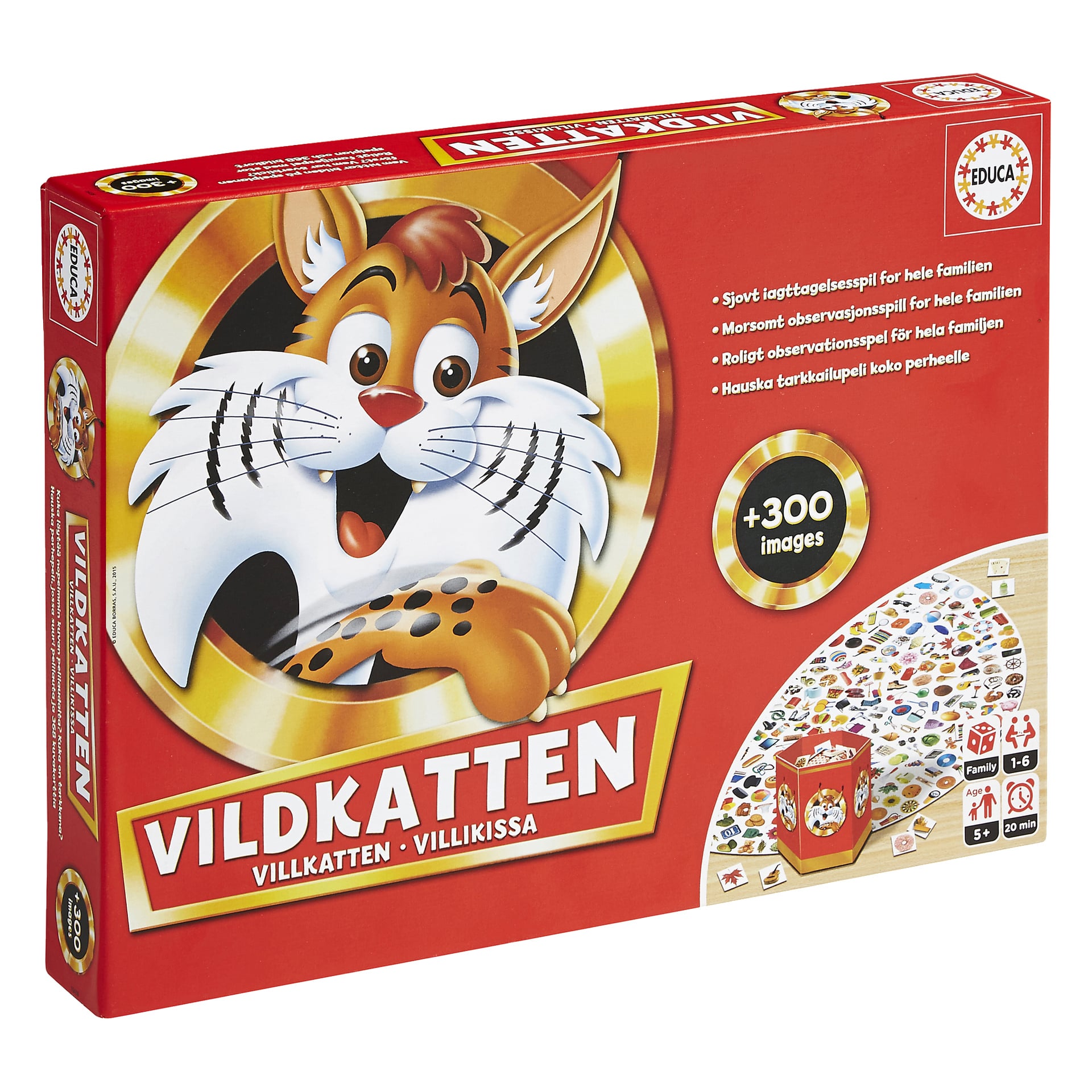 Vildkatten Classic 300:n punaisessa laatikossa on sarjakuvakissa kultaisessa ympyrässä, ja siinä on korttien ja pelinappuloiden kuvituksia. Pakkaus korostaa, että peli sisältää yli 300 kuvaa ja edistää hauskaa perheen tarkkailupeliä.