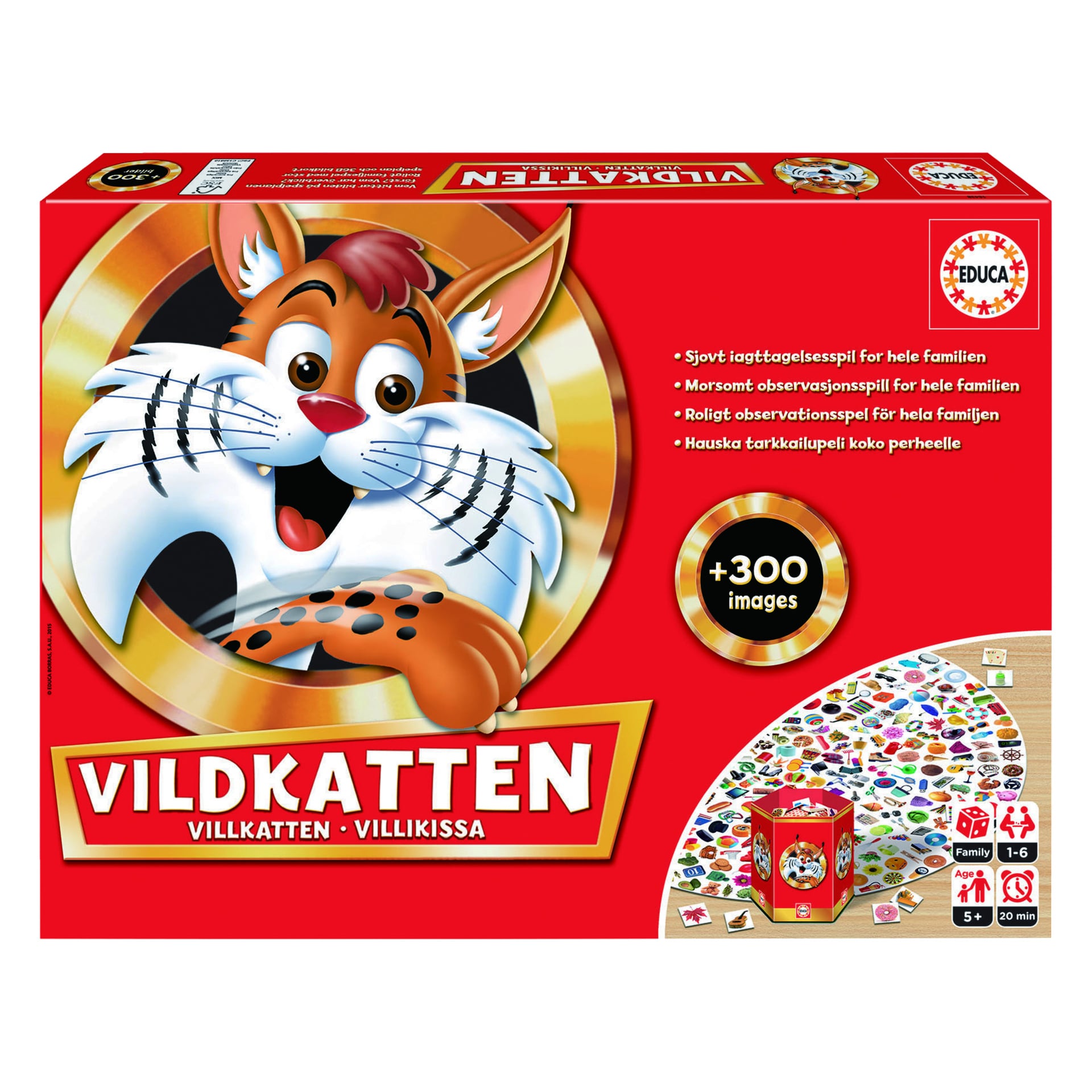 Punainen Vildkatten Classic 300 -perheen lautapelilaatikko esittelee sarjakuvamaisen kissankasvon, rohkean pelin nimen ja kollaasin pieniä kuvia alareunassa. Kuvakkeet näyttävät, että se on tarkoitettu 5-vuotiaille ja sitä vanhemmille ja tukee 2–6 pelaajaa.
