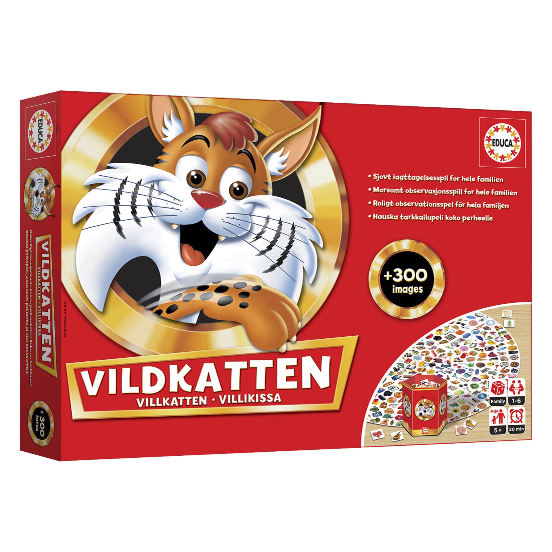 Vildkatten Classic 300 -lautapelilaatikko esittää sarjakuvamaisen villikissan tassunjäljellä, mainostaa yli 300 kuvaa ja kuvaa pelin nappuloita sekä spinneriä oikeassa alakulmassa.