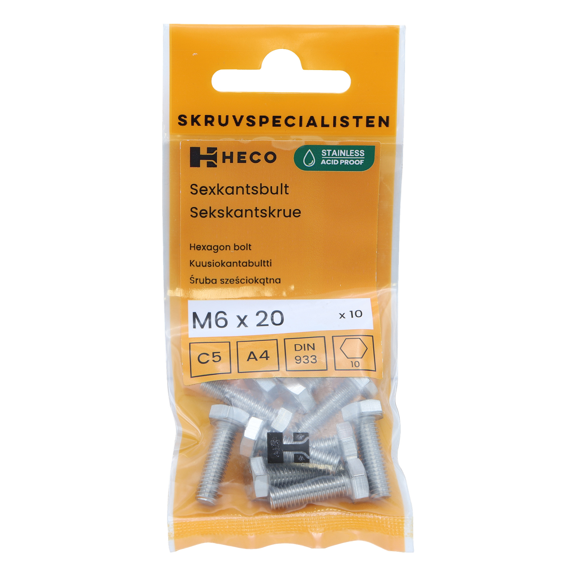 Kirkas muovinen Heco-brändätty pakkaus sisältää kymmenen ruostumattomasta teräksestä valmistettua kuusiokolopulttia, kooltaan M6 x 20 mm, ja tuotekoodit C5, A4 ja DIN 933 näkyvät etiketissä.