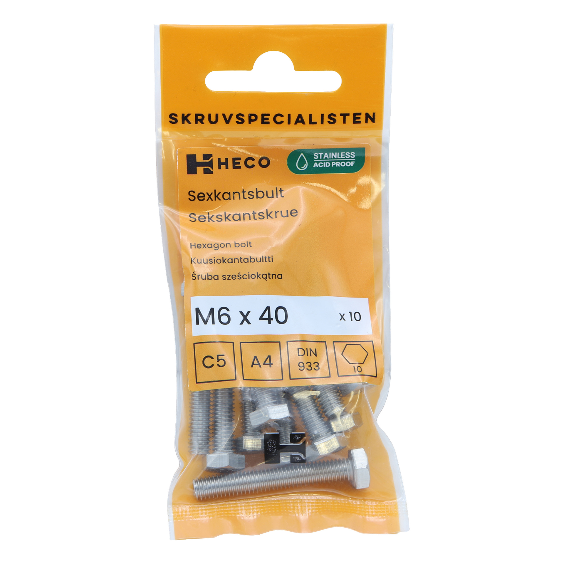 Pakkaus 10 Heco-ruostumattomasta teräksestä valmistettua kuusikulmapulttia, kukin kooltaan M6 x 40 mm, pakattu läpinäkyvään keltaiseen pussiin, jossa tuotetiedot näkyvät etiketissä.