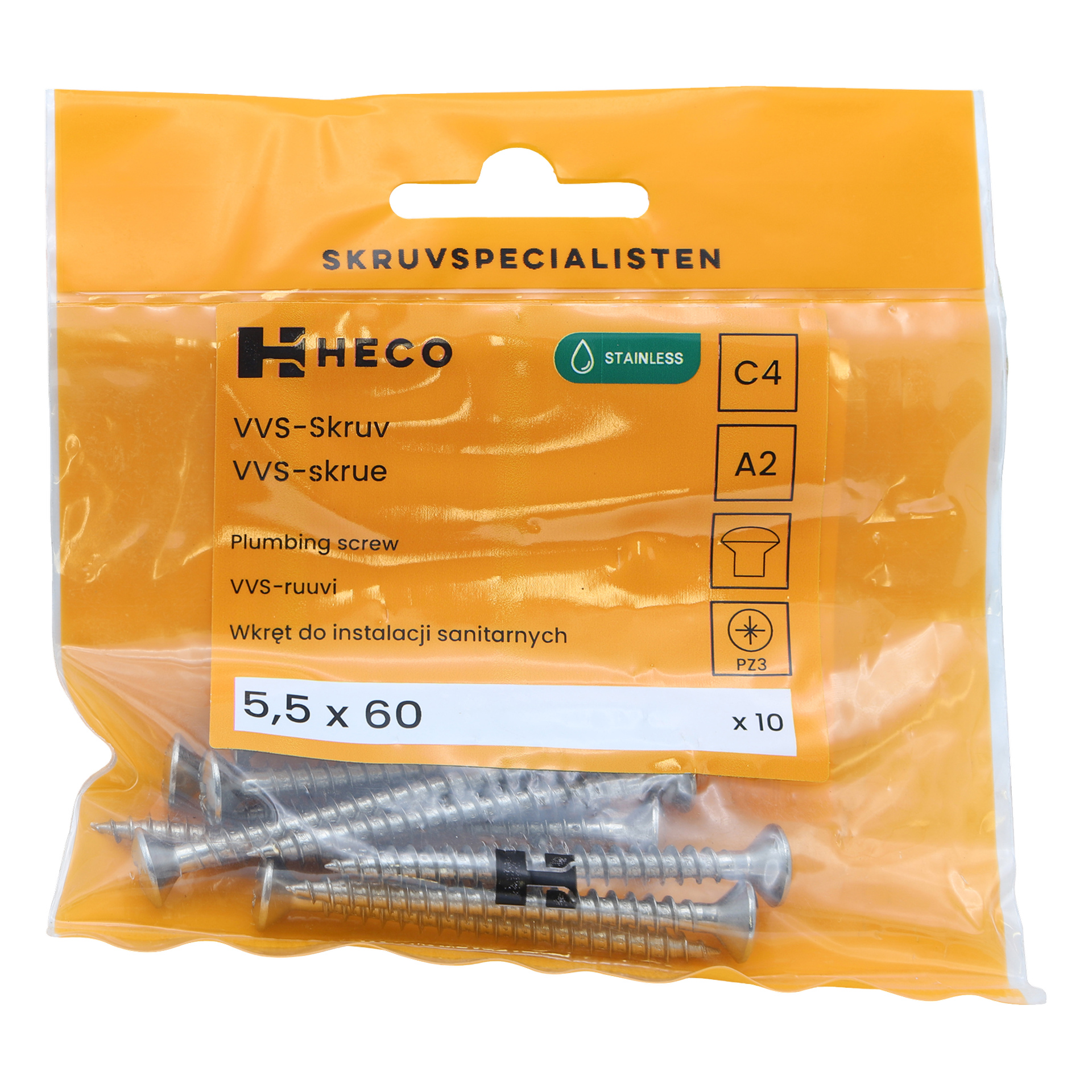 En forseglet oransje og gjennomsiktig plastpose fra Heco-merket, merket "HVAC screws 10 pack," inneholder ti sølvskruer på 5,5 x 60 mm. Emballasjen har produktdetaljer, flere ikoner og et grønt symbol som indikerer rustfritt stål.