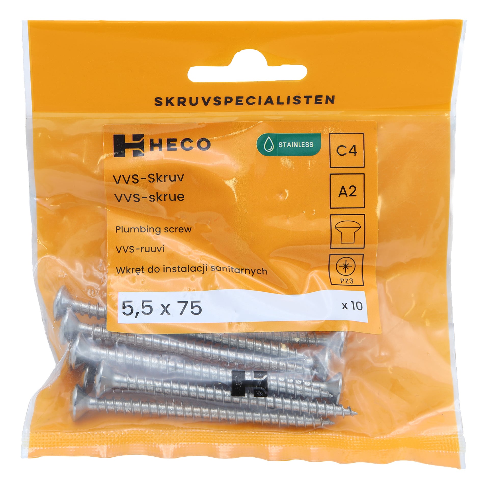 En gul plastpose merket «Heco» rommer en pakke med ti rustfrie stål-HVAC-skruer (5,5 x 75 mm). Emballasjen viser produktinformasjon og flere spesifikasjonsikoner.