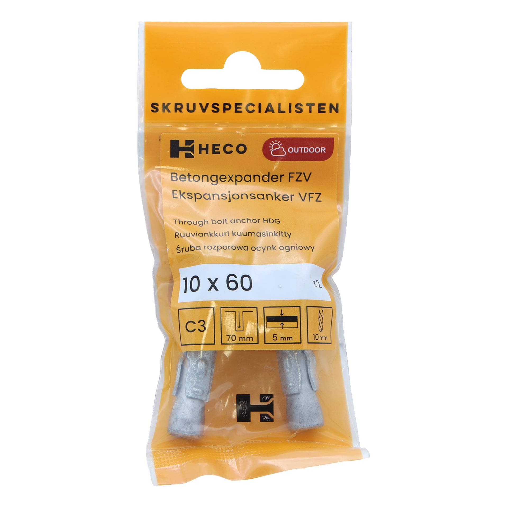 Ett transparent plastpaket märkt "Heco" rymmer två betongexpansionsankare, i storlekarna 10 x 60 mm. Tekniska specifikationer visas på förpackningen, tillsammans med "SKRUVSPECIALISTEN" högst upp och en indikation på att ankaren är lämpliga för utomhusbruk.