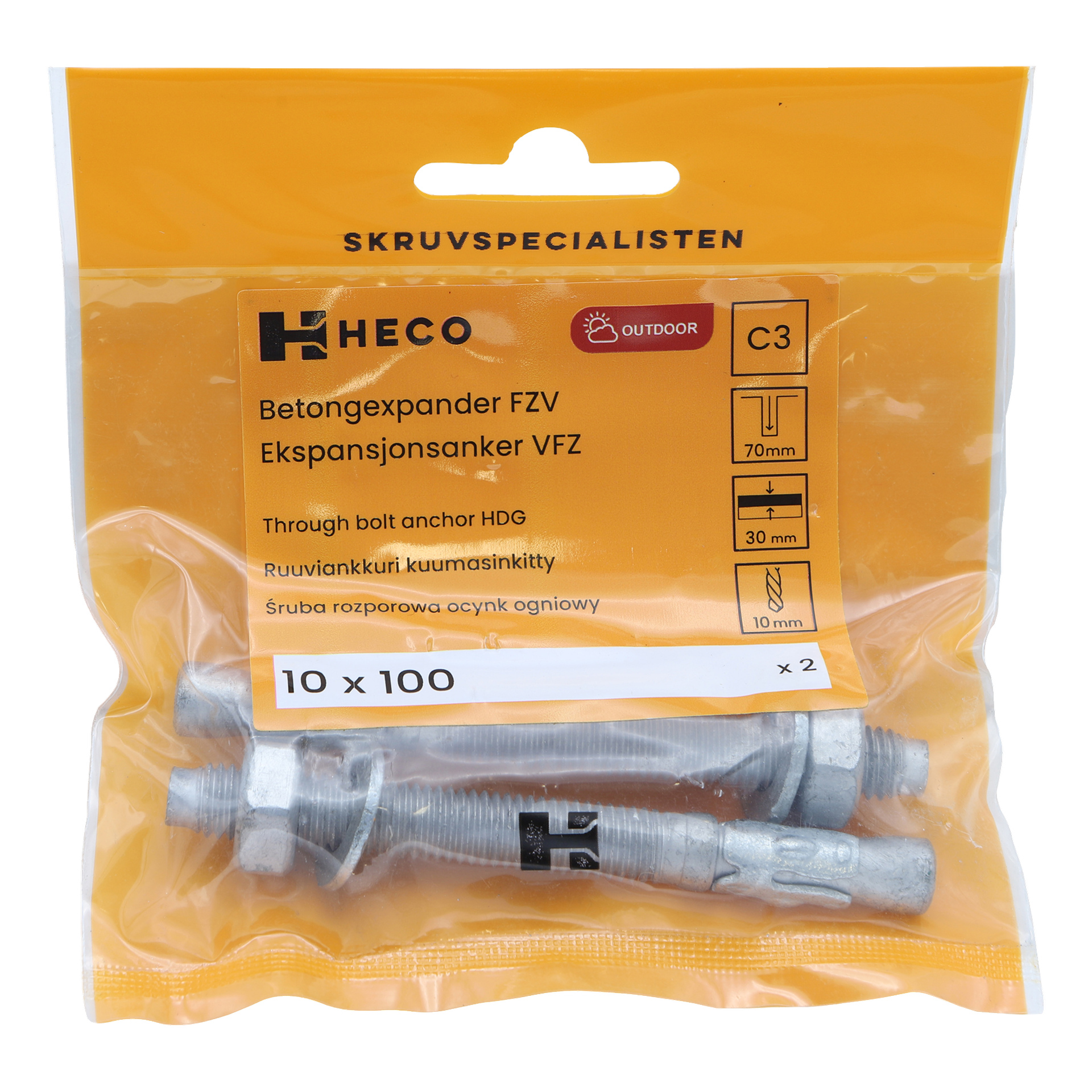 Ett transparent plastpaket märkt "2 pack" från Heco rymmer två metallankare för slutstycken designade för utomhusbruk. Förpackningen visar måtten 70 mm, 30 mm och 10 mm, tillsammans med storleken "10 x 100", och innehåller text i olika skrifter.