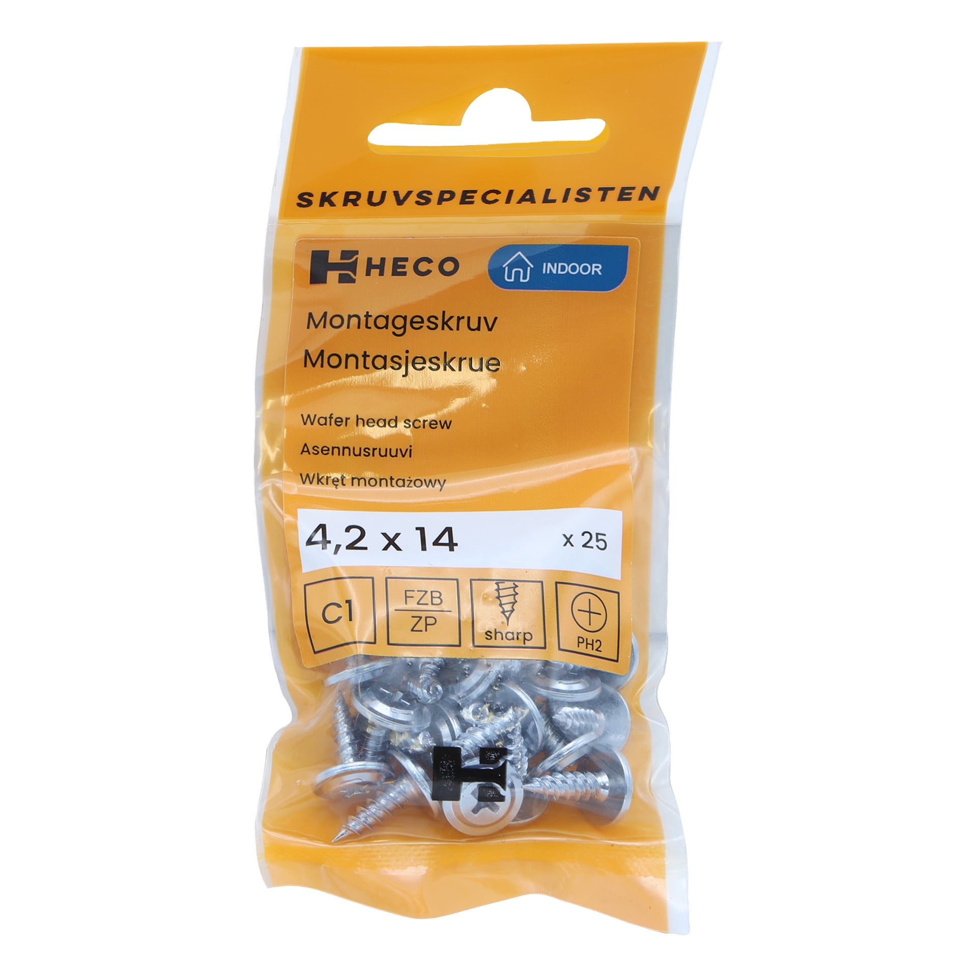 En pakke med 25 Heco Wafer-skruer, 4,2 x 14 mm og designet for innendørs bruk. Den oransje og gjennomsiktige emballasjen avslører de sølvfargede skruene inni og viser produktdetaljer.