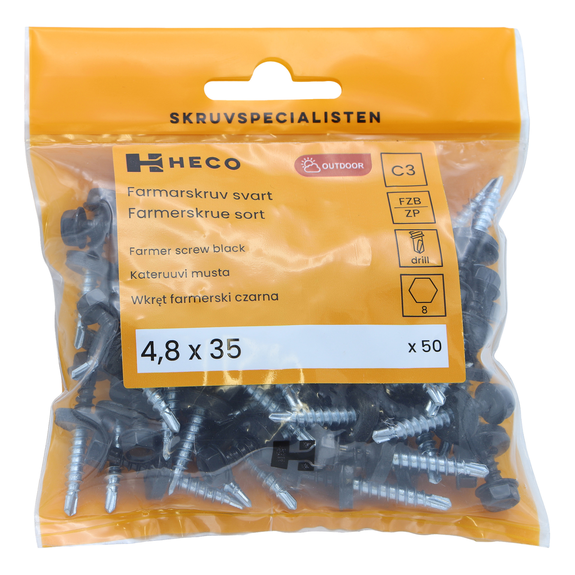 Läpinäkyvä muovipussi sisältää 50 HECO Farmer -ruuvia, kooltaan 4,8 x 35 mm. Oranssissa etiketissä näkyy Heco-logo, tuotetiedot ja kuvake, joka osoittaa soveltuvuuden ulkokäyttöön.
