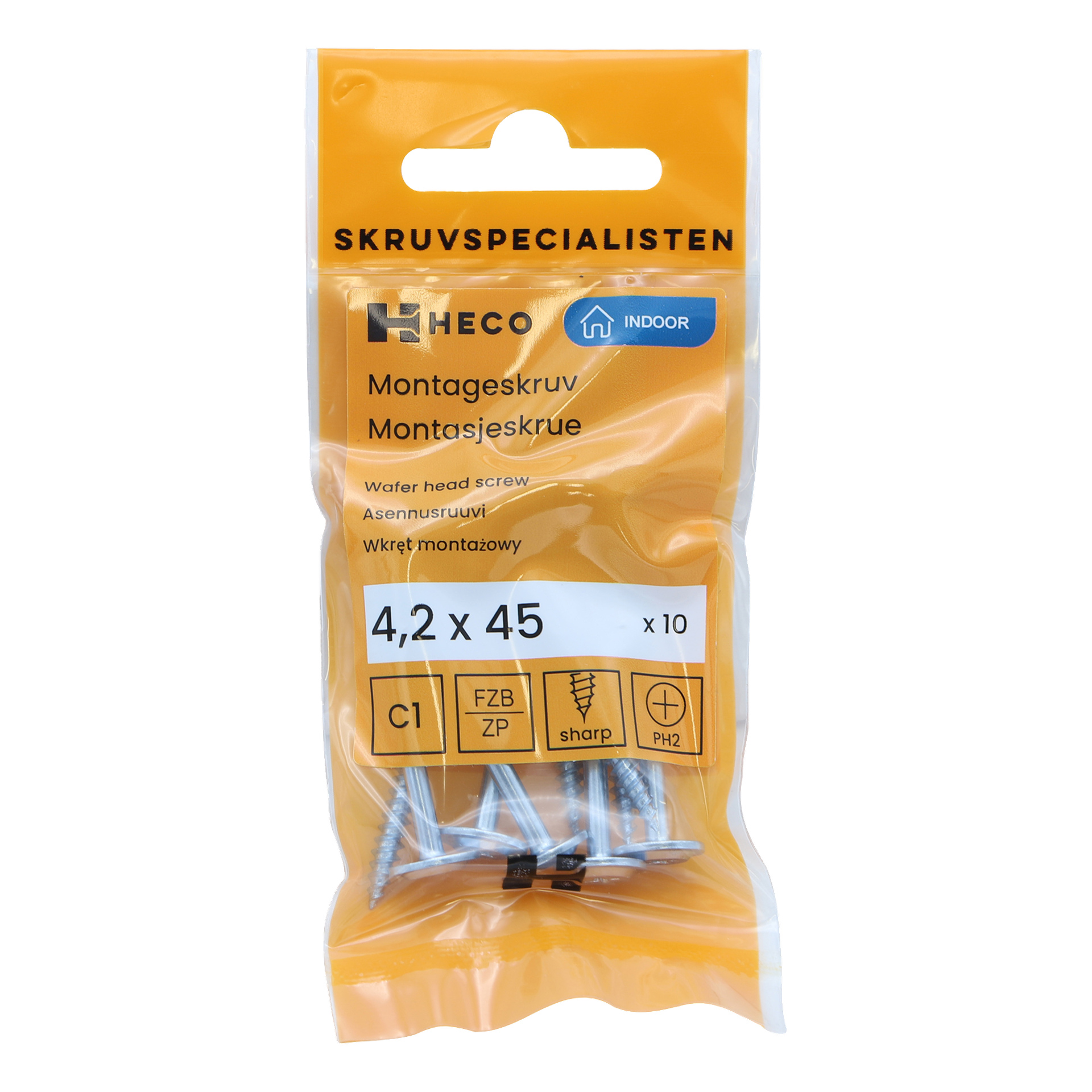 En gul plastpose med Heco-merket rommer ti wafer-skruer, størrelse 4,2 x 45 mm. Emballasjen viser ikoner for en skarp spiss, C1, FZB ZP-belegg, PH2-drevtype, og bemerker at skruene er egnet for innendørs bruk.