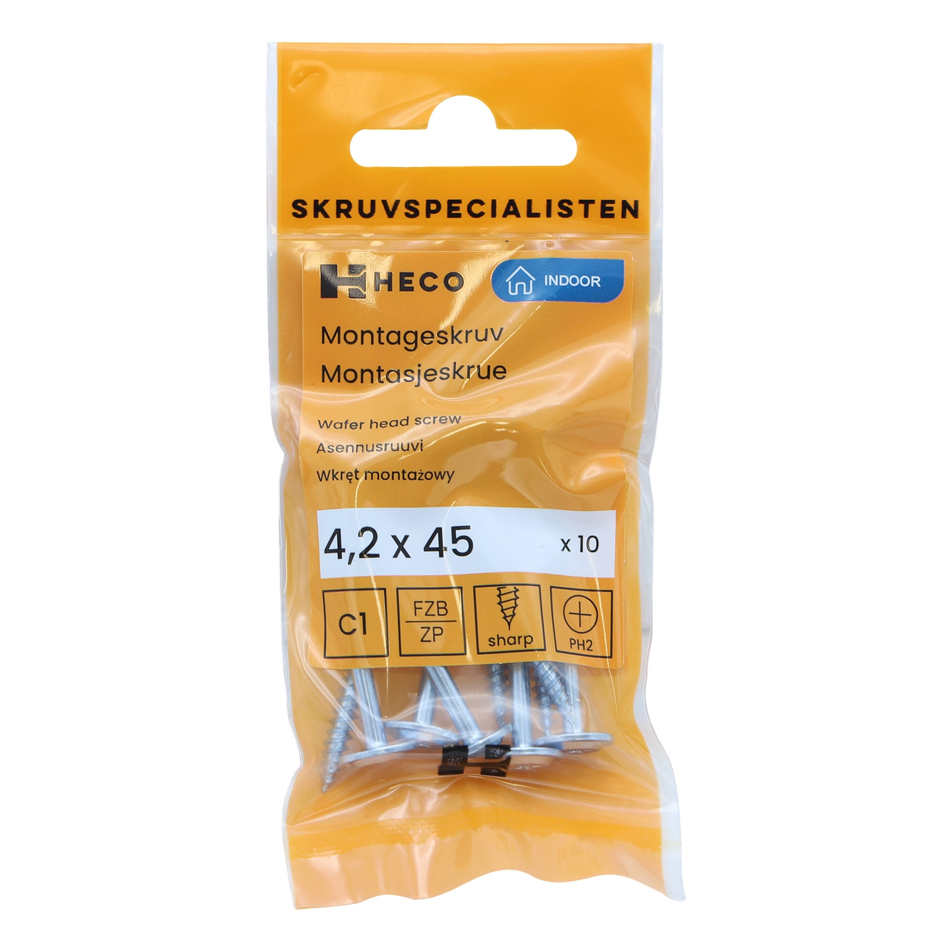 En gul plastpåse med Heco-märket rymmer tio waferskruvar, storlekarna 4,2 x 45 mm. Förpackningen visar ikoner för en vass spets, C1, FZB ZP-beläggning, PH2-drivtyp och noterar att skruvarna är lämpliga för inomhusbruk.