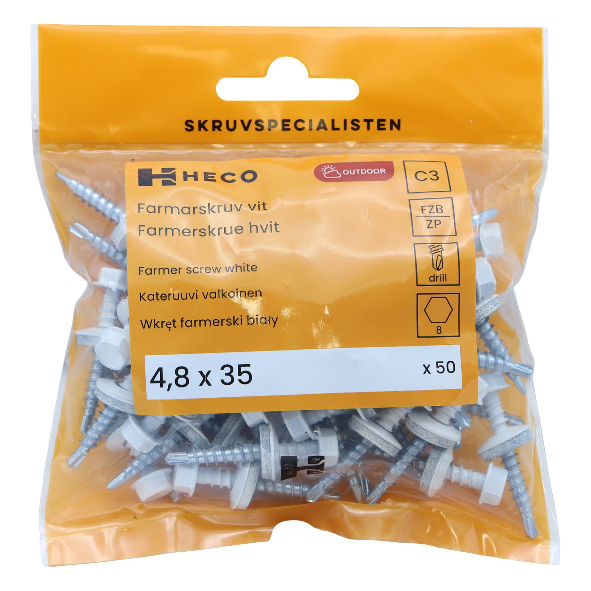 En transparent påse märkt "HECO Farmer screws 50 pack" rymmer 50 vita skruvar med vidder på 4,8 x 35 mm, avsedda för utomhusändamål, med symboler som indikerar kompatibilitet med en borr och ett 8 mm sexkantigt huvud.