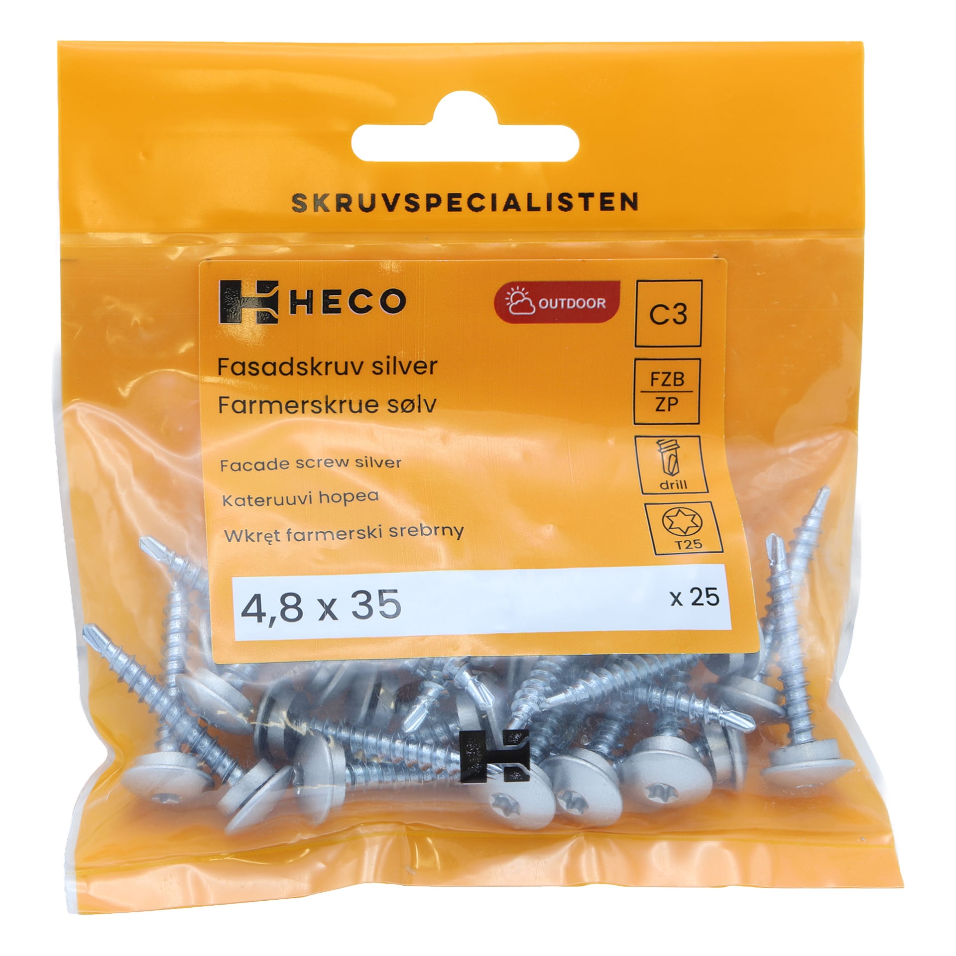 Läpinäkyvä muovipussi, jossa lukee Heco Facade -ruuvit, 25 pack sisältää 25 hopearuuvia, kooltaan 4,8 x 35 mm. Etiketti näyttää tuotemerkin nimen, tuotetiedot ja porakuvakkeen. Läpinäkyvä pakkaus näyttää ruuvit sisällä.