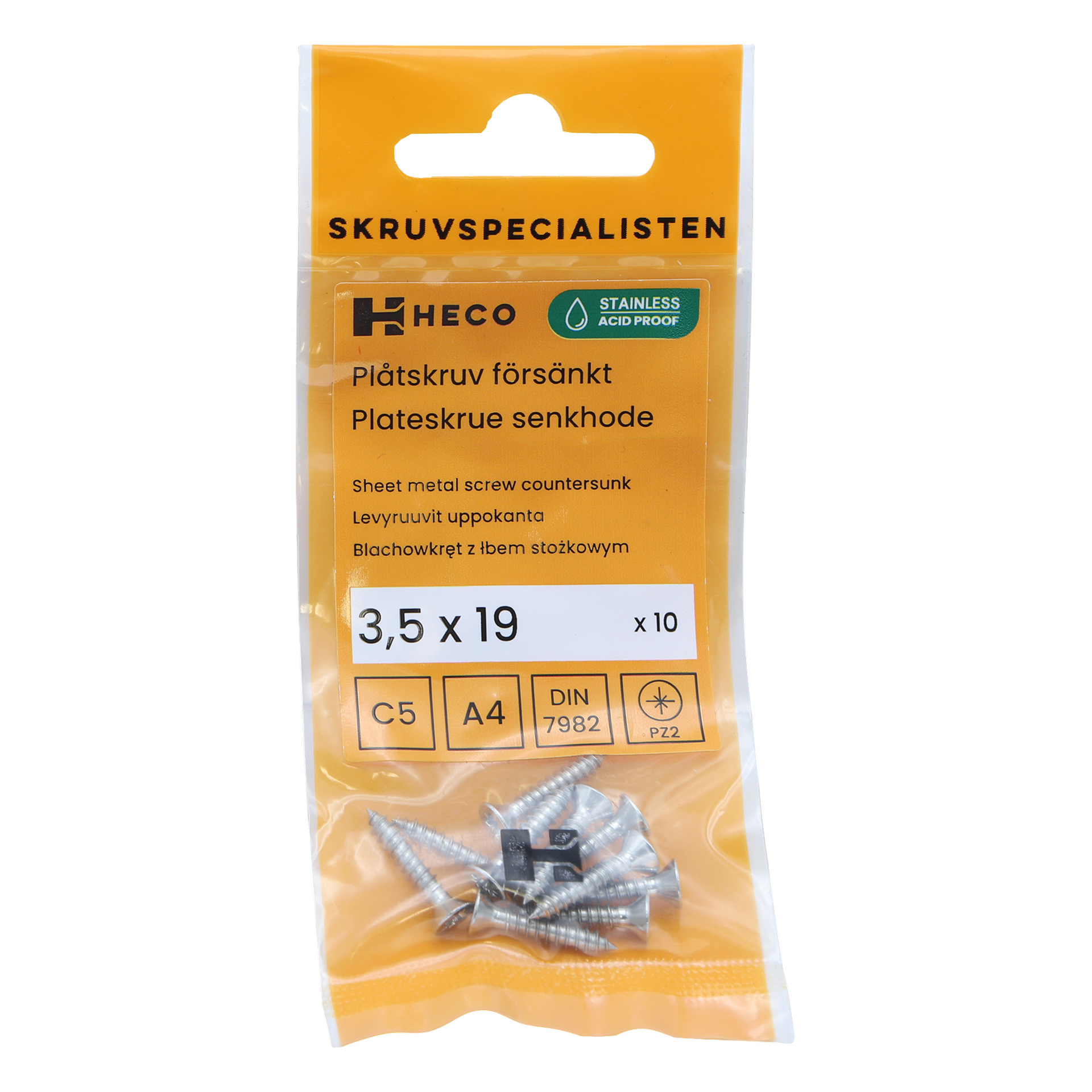 En pakke med Heco Screws 10-pakning, størrelse 3,5 x 19 mm, er avbildet. Den gul-oransje og gjennomsiktige emballasjen avslører de rustfrie forsenkte plateskruene inni, og har produktdetaljer.