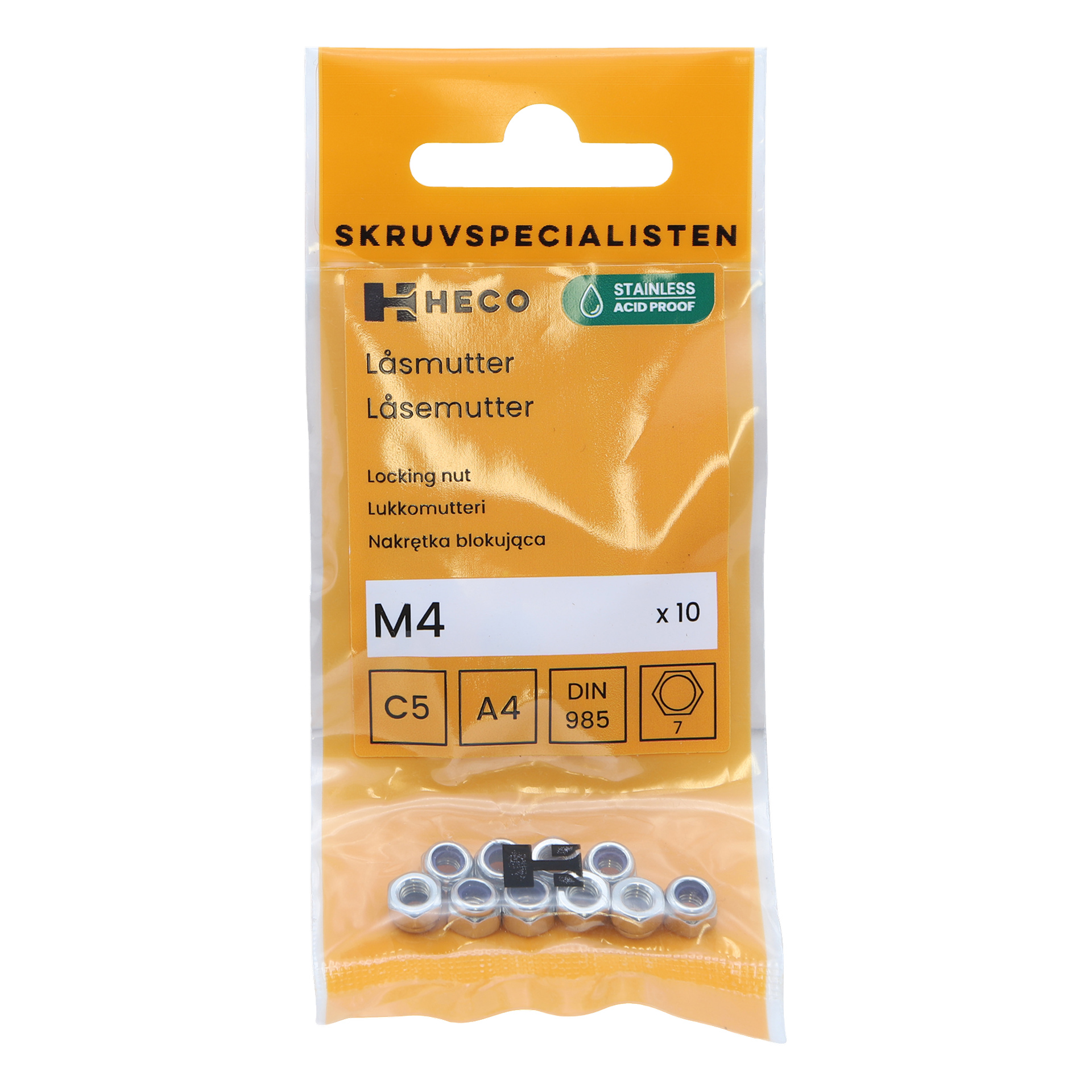 En gul plastpakke merket "Heco Lock nuts 10 pack" inneholder ti sølvfargede låsemuttere. Emballasjen har tekst og symboler som indikerer at produktet er syrebestandig og laget av rustfritt materiale.