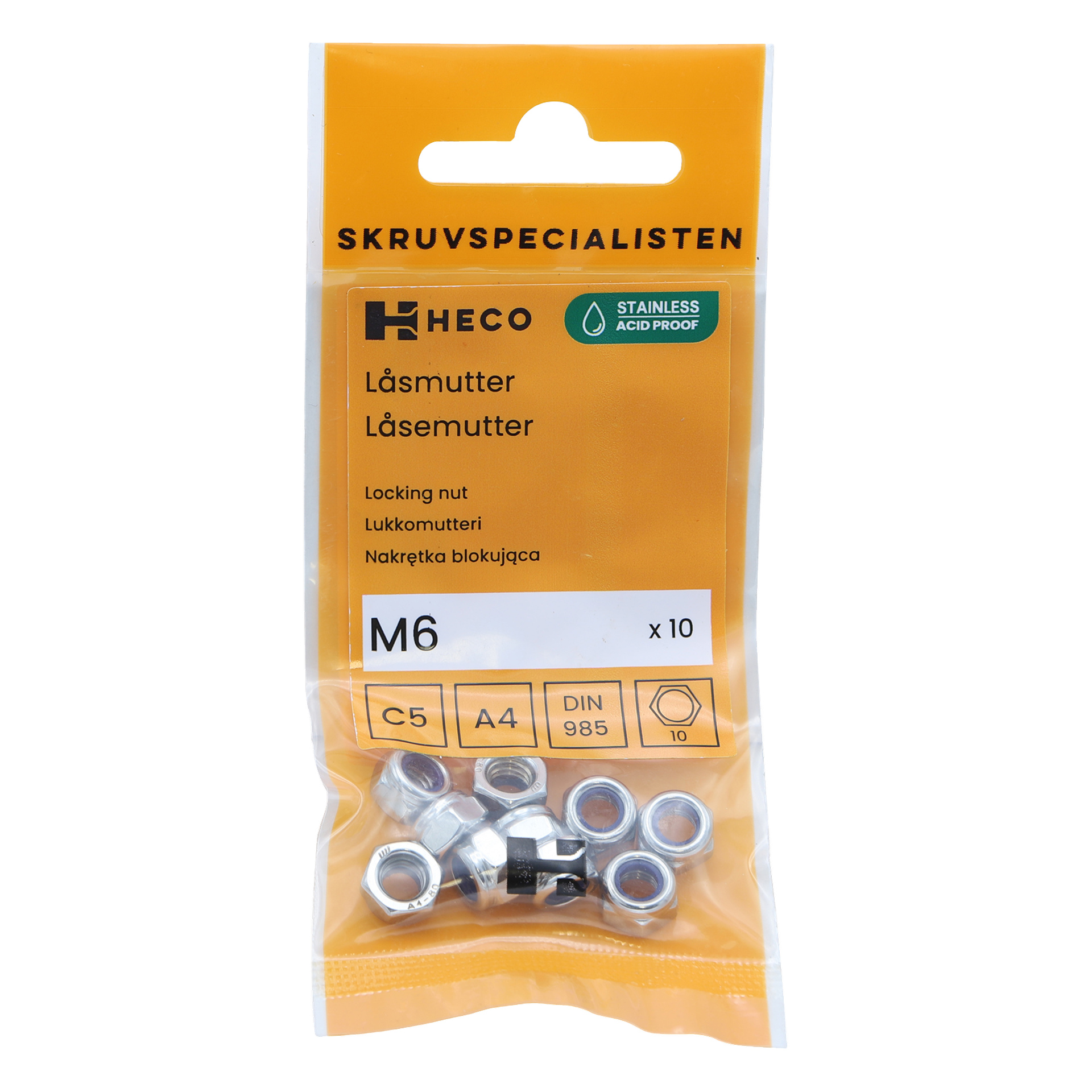 Keltaoranssi muovipussi, jossa lukee "Heco Lock Nuts 10 pack", sisältää kymmenen hopeista lukitusmutteria. Pakkauksessa on teksti ja kuvakkeet ruostumattomasta teräksestä sekä tuotteen yksityiskohdista.