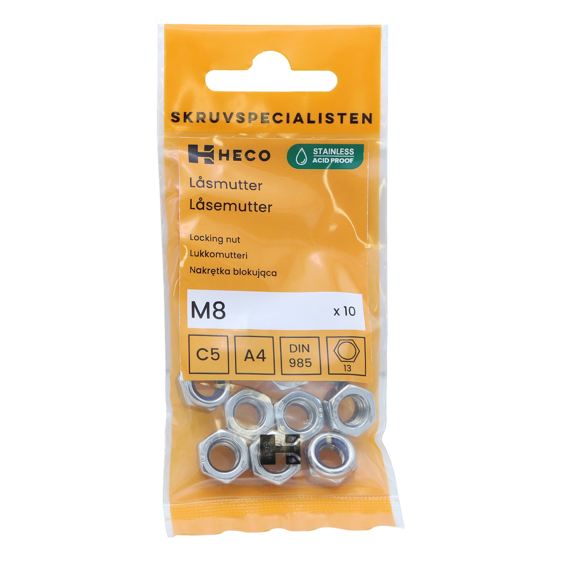 Ett genomskinligt plastpaket innehållande tio silverfärgade Heco låsmuttrar. Etiketten visar produktinformation, olika ikoner och har ett genomskinligt område som visar sexkantsmuttrarna inuti.