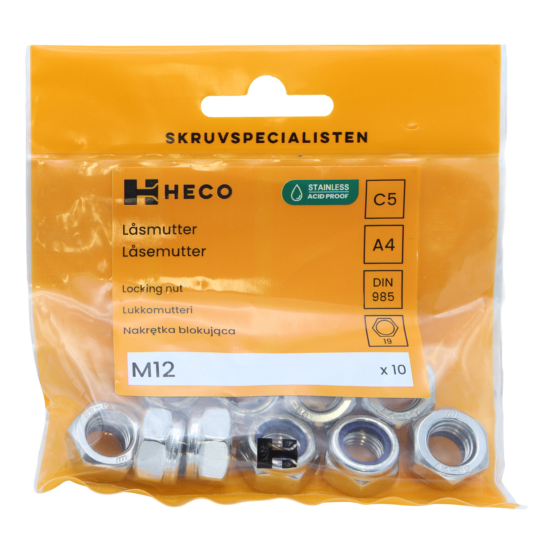 Läpinäkyvä oranssi pakkaus, jossa lukee "Heco Lock Nuts 10 pack", sisältää kymmenen M12-lukitusmutteria. Tuotetiedot näkyvät pakkauksessa, ja mutterit näkyvät selvästi etupuolelta.