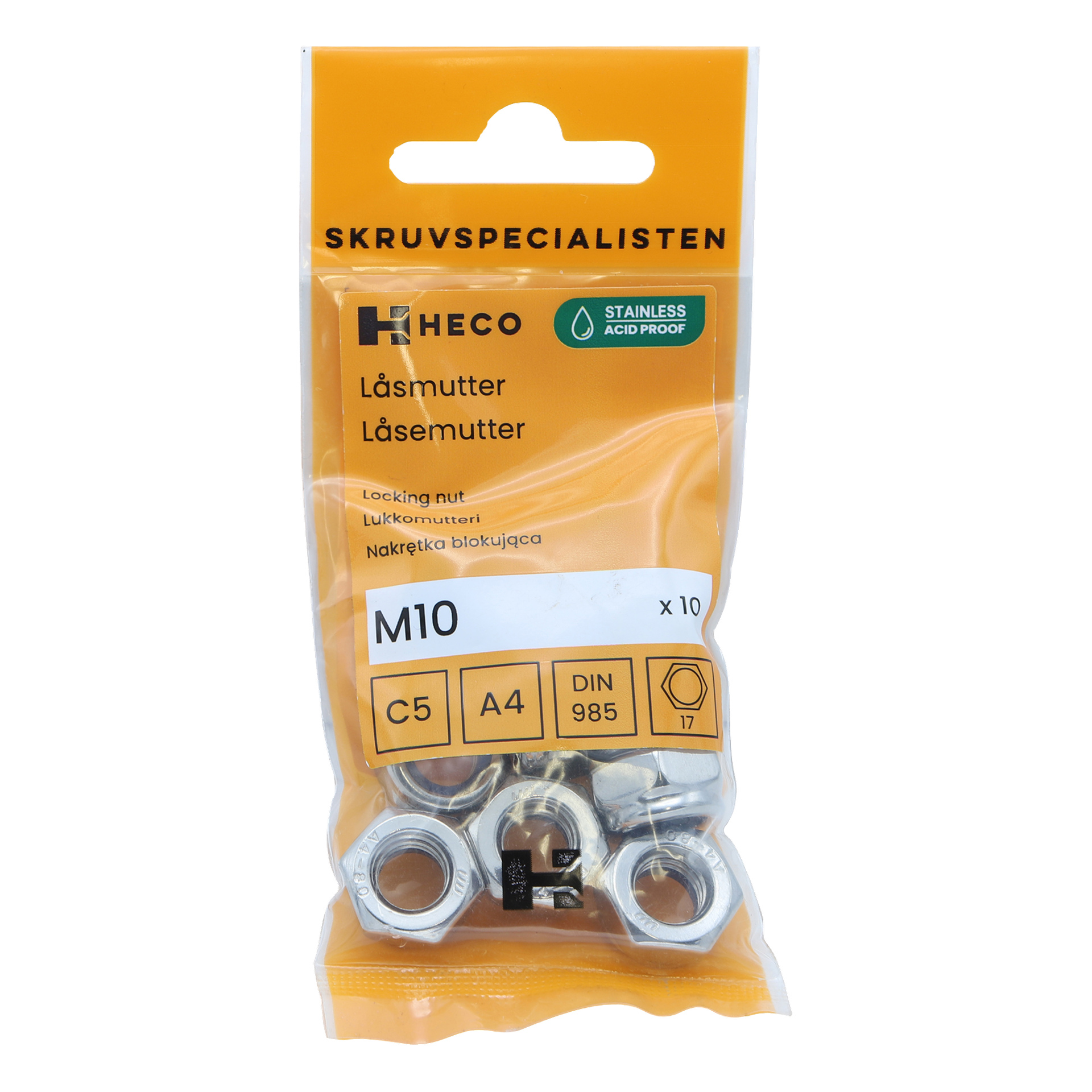 Ett paket med Heco Lock muttrar 10 visas i en genomskinlig plastpåse med en orange etikett där det står "Stainless Acid Proof." Etiketten ger produktinformation på flera språk.
