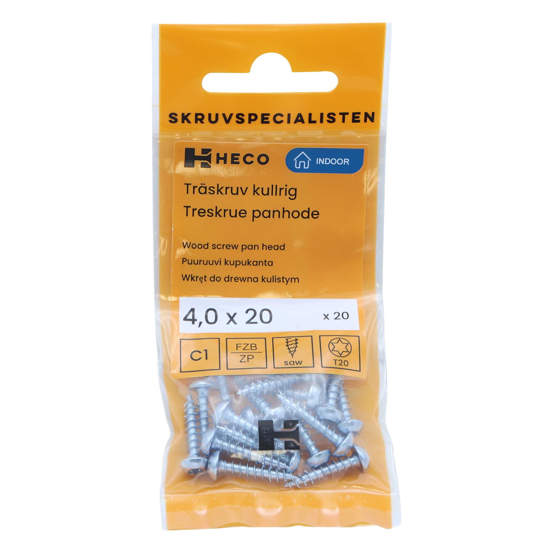 Muovikotelo, jossa lukee SKRUVSPECIALISTEN, ylhäällä, sisältää 20 Heco-puuruuvia, kooltaan 4,0 x 20 mm. Etiketissä on tuotteen nimi "Wood screws", ruuvin tekniset tiedot eri käännöksissä ja siinä on kuva ruuvista.