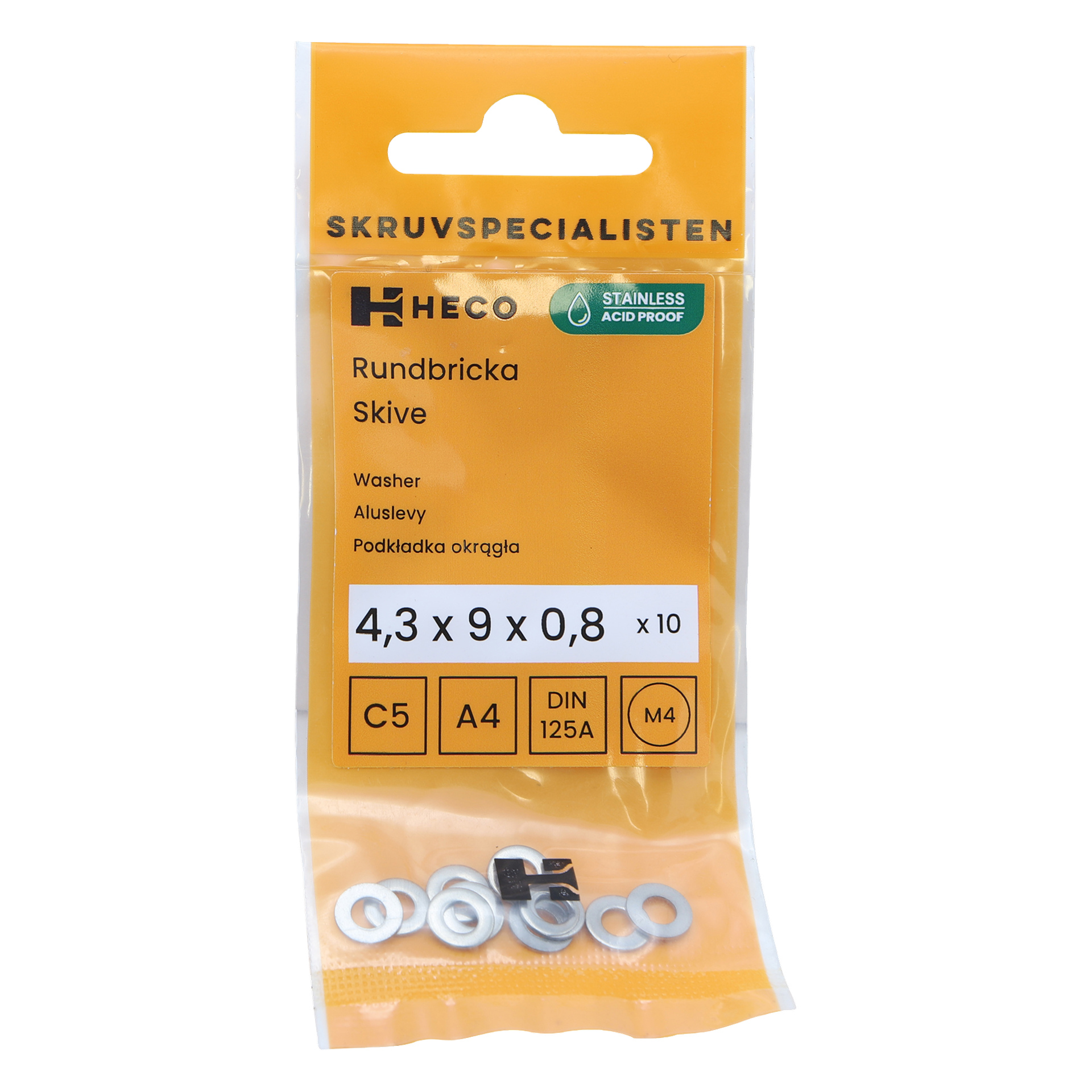 Keltainen ja kirkas muovipakkaus, jossa lukee Heco 10 pack, sisältää kymmenen pyöreää metallilevyä, joista jokainen on kooltaan 4,3 x 9 x 0,8 mm, ja pakkauksessa on ruostumattomasta teräksestä valmistetut tiedot ja tekniset tiedot.