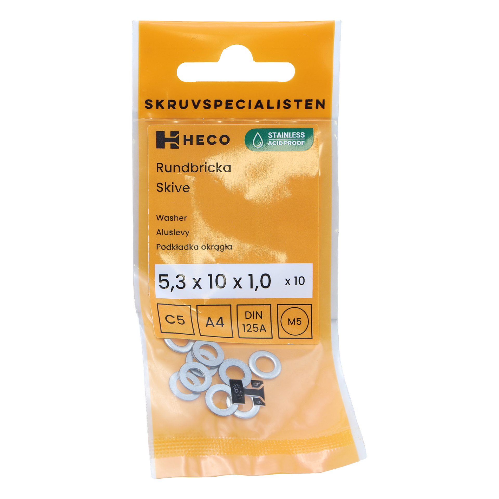 Kymmenen Heco-ruostumattomasta teräksestä valmistettua aluslevyä (5,3 x 10 x 1,0 mm) on pakattu keltaiseen ja kirkkaaseen pussiin, joka paljastaa aluslevyt sisällä ja jonka etupuolella on yksityiskohtaiset tuotetiedot.