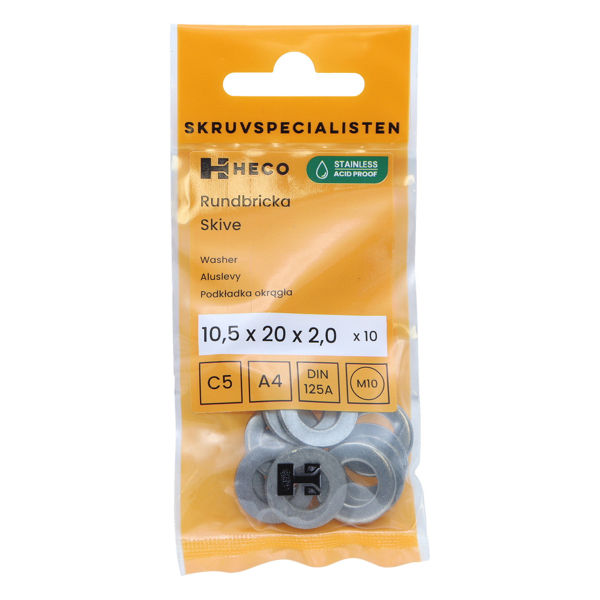 Paketti 10 Heco-metallilevyä, jotka on kuvattu ruostumattomiksi ja happokestäviksi, mitat 10,5 x 20 x 2,0 mm. Pakkaus on oranssi ja valkoinen, jossa on mustavalkoinen teksti.
