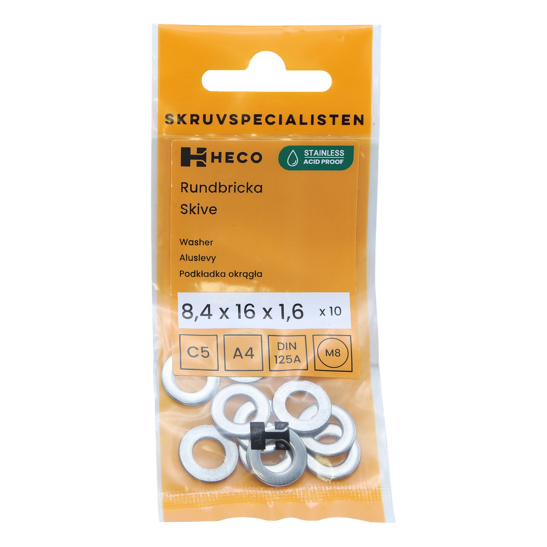 Kelta-valkoinen Heco-pakkaus sisältää 10 pyöreää metallilevyä, joiden etutarrassa on määrä ja mitat (8,4 x 16 x 1,6 mm).