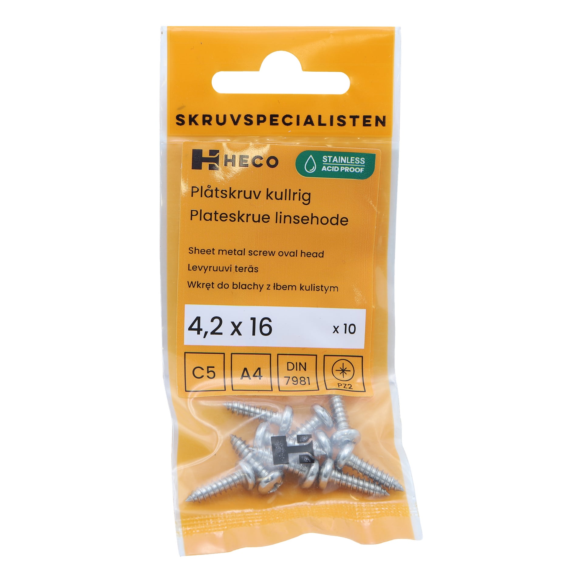 Keltainen Heco-pakkaus, jossa lukee "Screws 10 pack", sisältää kymmenen ruostumattomasta teräksestä tehtyä soikeaa peltiruuvia, kooltaan 4,2 x 16 mm. Etupuolella on erilaisia sertifiointisymboleja ja lisätekstiä.