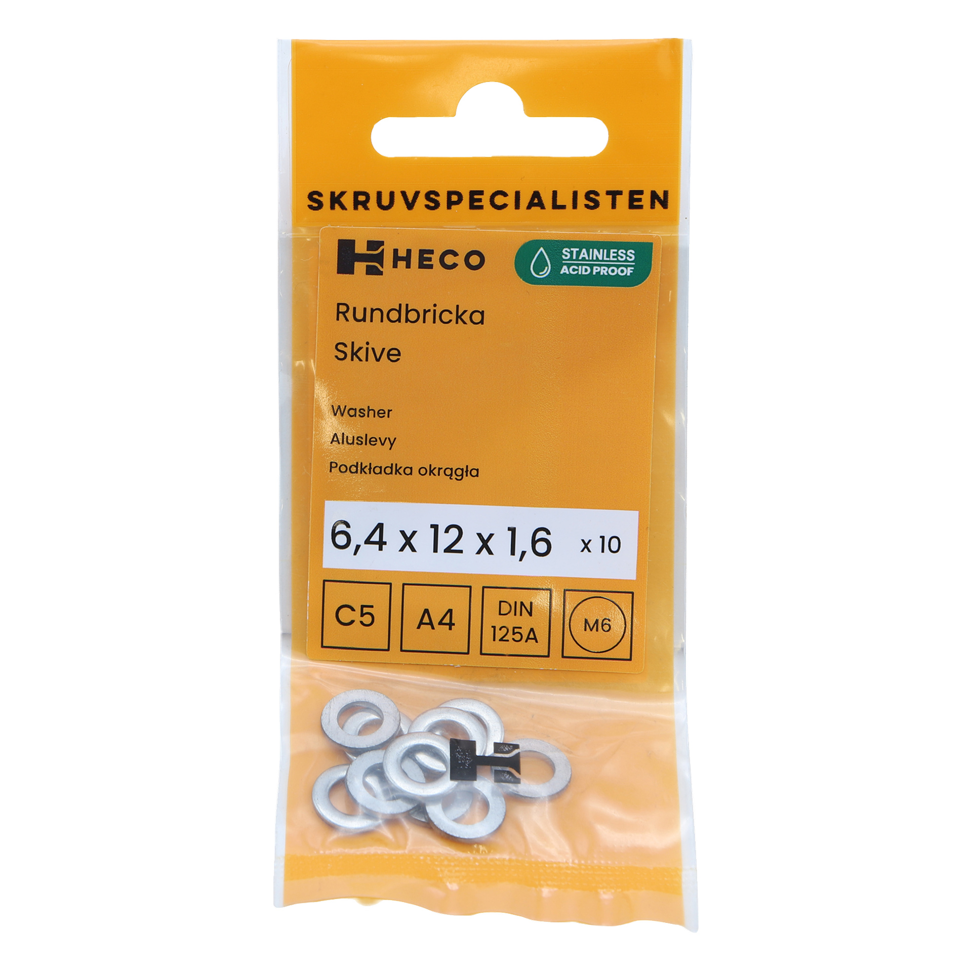 Ett set med 10 HECO rostfria syraresistenta runda brickor, var och en 6,4 x 12 x 1,6 mm, visade i gul och klar förpackning med produktdetaljer.