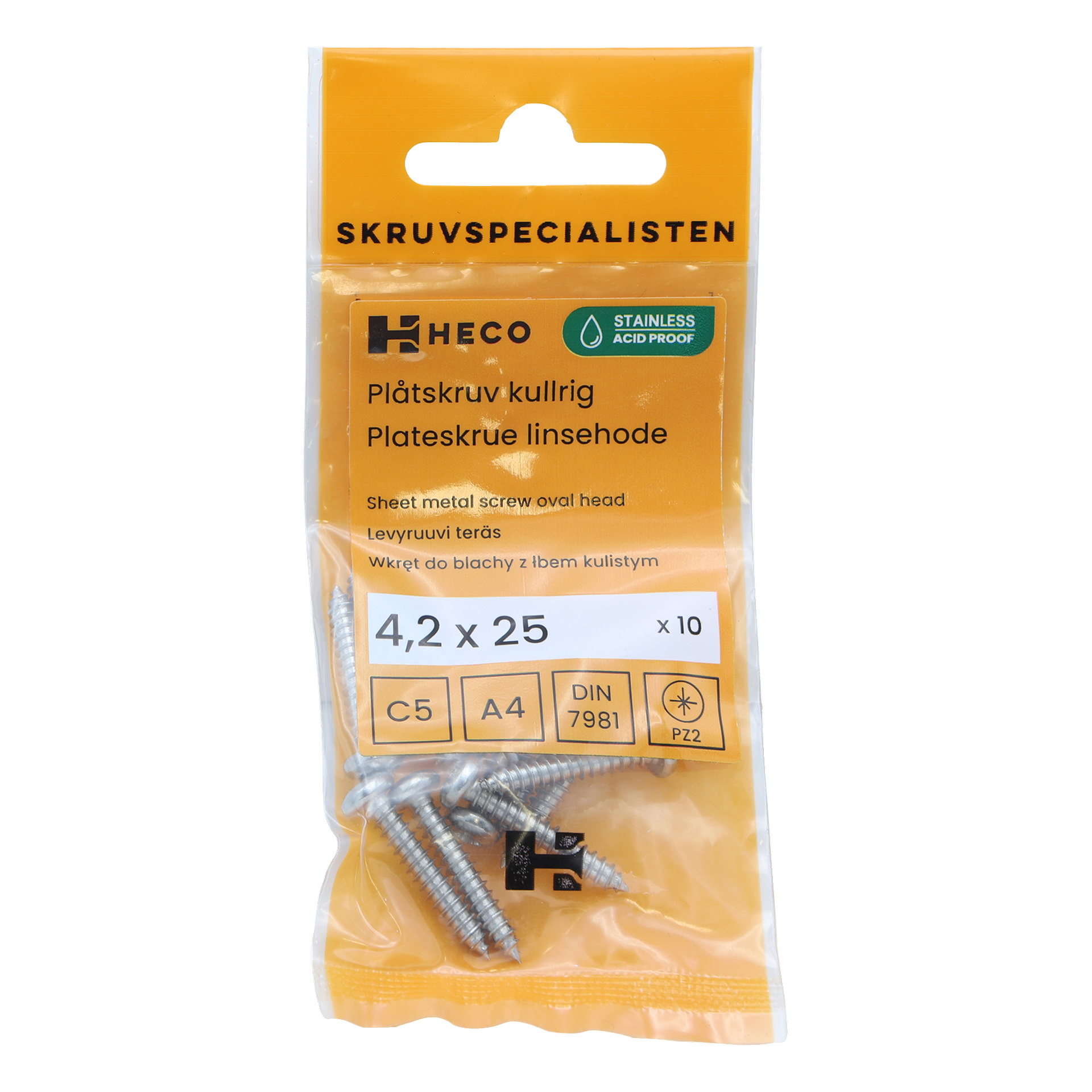 Kirkas muovipakkaus, jossa lukee "Heco Screws 10 pack", sisältää kymmenen ruostumattomasta teräksestä valmistettua peltiruuvia, joista jokainen on kooltaan 4,2 x 25 mm ja pannupäät. Pakkauksessa näkyy sertifikaatteja ja kuvakkeita, ja osa ruuveista näkyy osittain läpinäkyvän osan läpi.