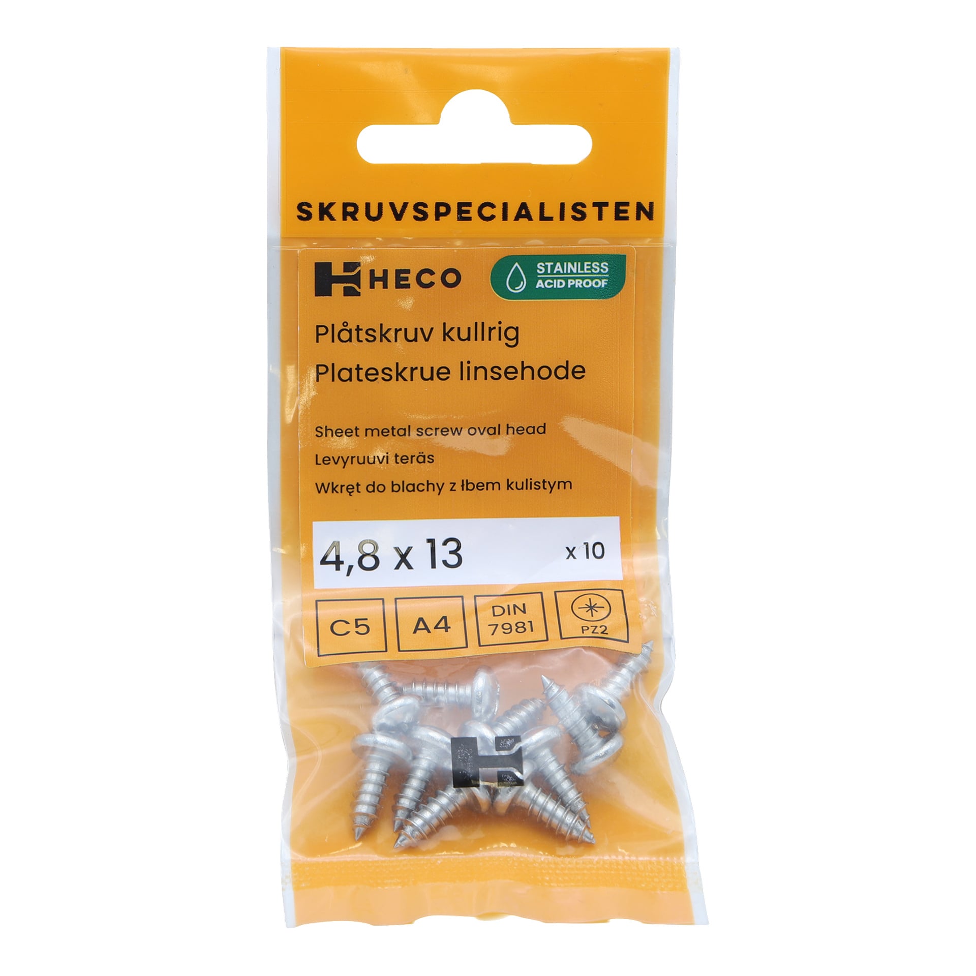 Et sett med ti Heco rustfrie stålskruer med runde hoder, 4,8 x 13 mm, plassert i en oransje eske med svarte og hvite produktdetaljer.
