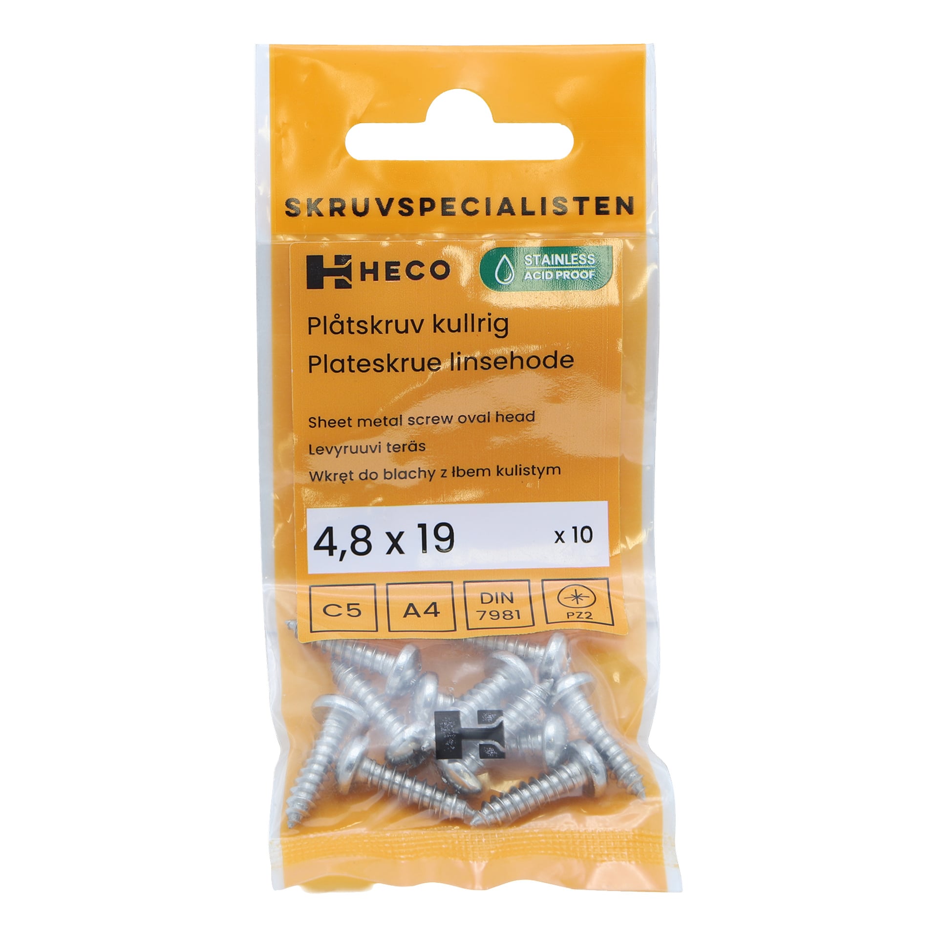 Kymmenen ruostumattomasta teräksestä valmistettua HECO-ruuvia, joista jokainen on kooltaan 4,8 x 19 mm soikealla päällä, näkyy läpinäkyvässä muovipussissa, jossa on keltainen etiketti tuotteen yksityiskohdista.