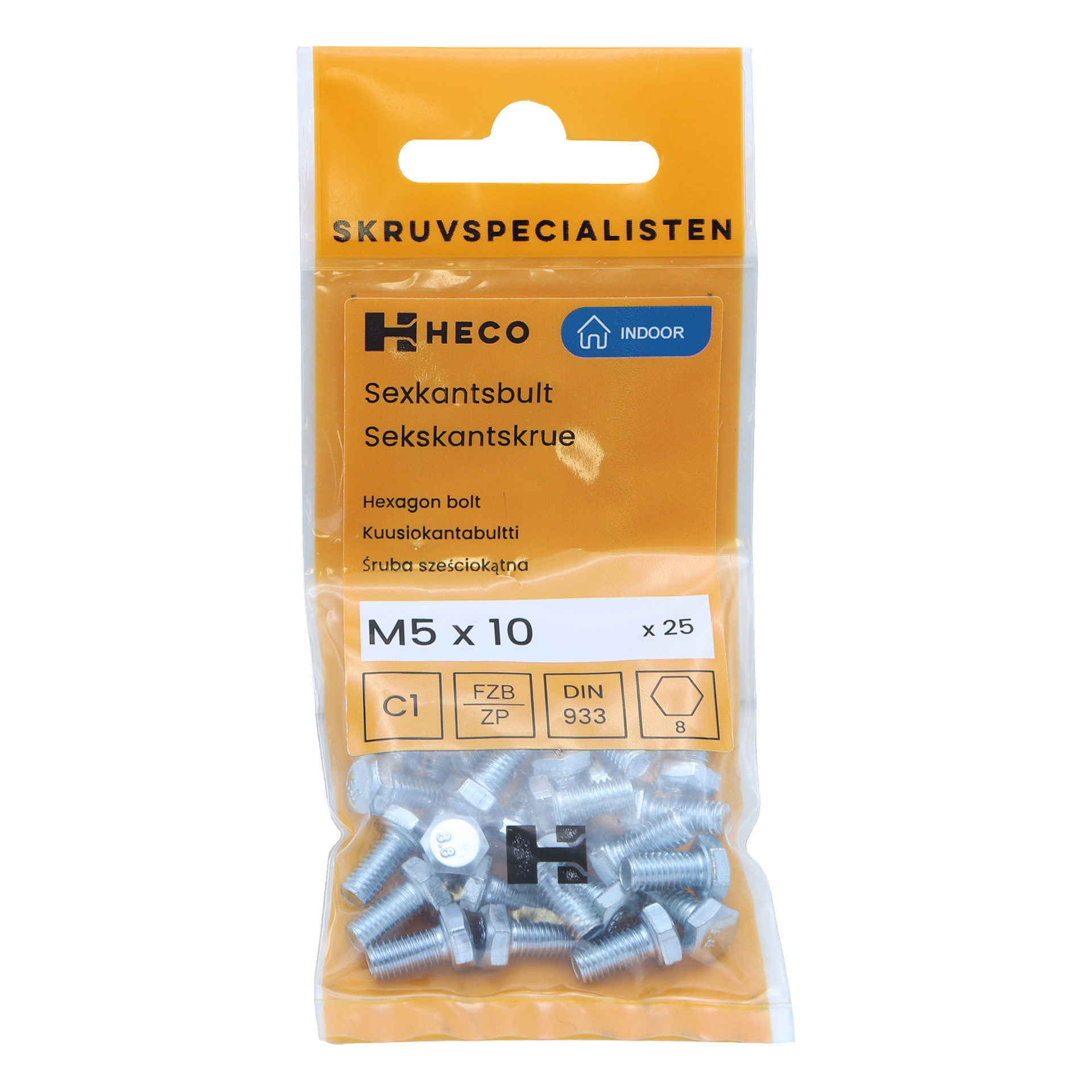 En transparent plastpåse rymmer 25 Heco M5 x 10 hexagonbultar avsedda för inomhusapplikationer. Den orangea etiketten visar varumärke, storlek, kvantitet och produktinformation.